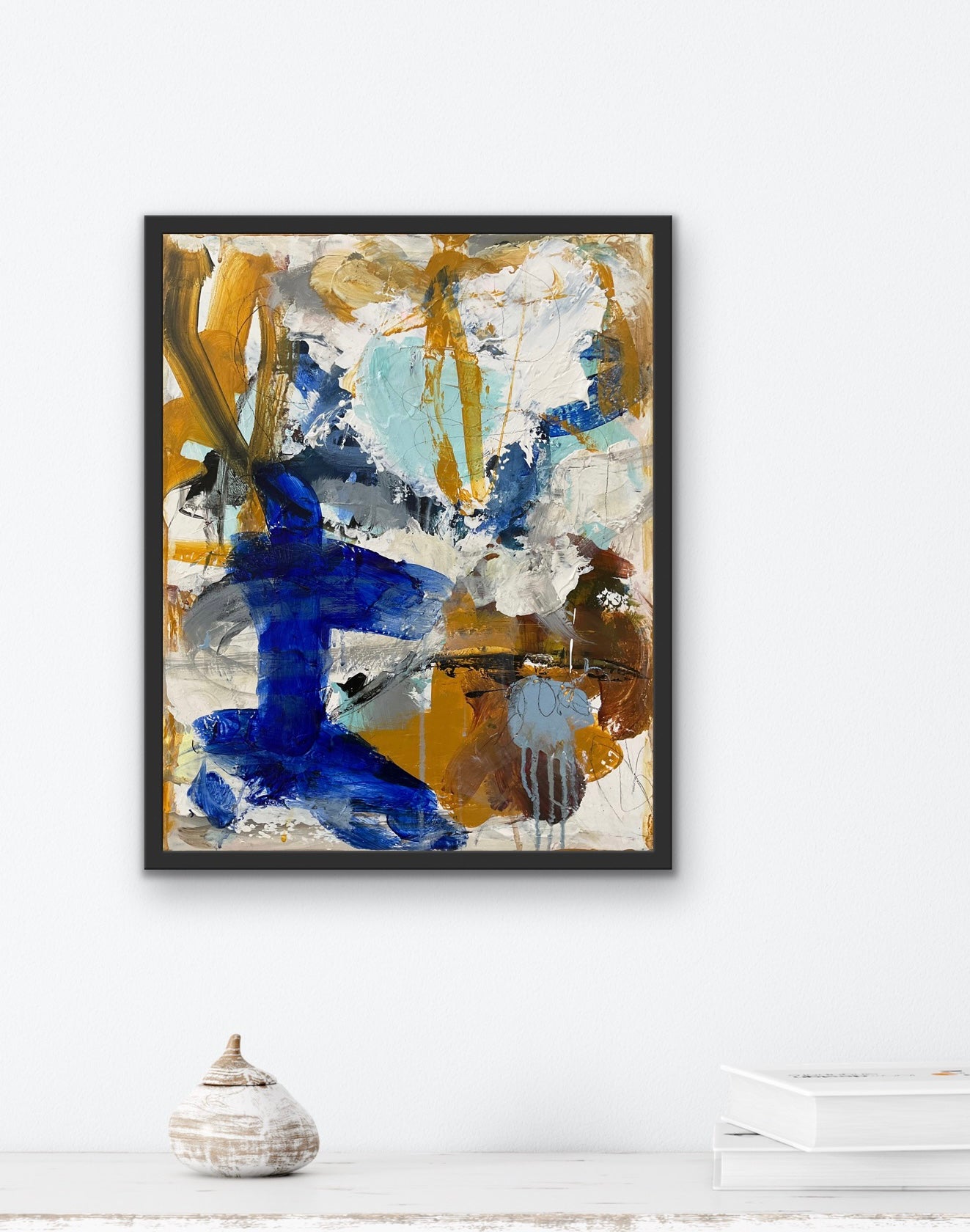 Abstrakt maleri, 50x40 cm, "GOLDEN WINGS” by Lone Reedtz , Abstrakt ekspressivt akrylmaleri på lærred Med sort svæveramme