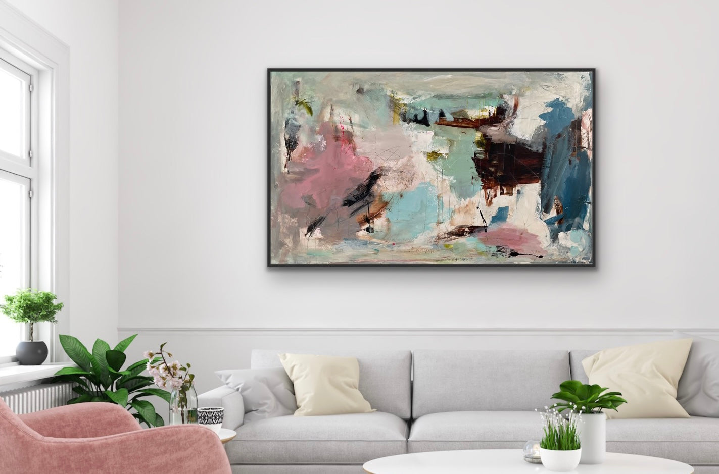 Abstrakt maleri, 150x90 cm, "Summer vibes" by Lone Reedtz , Abstrakt ekspressivt akrylmaleri på lærred Med sort svæveramme