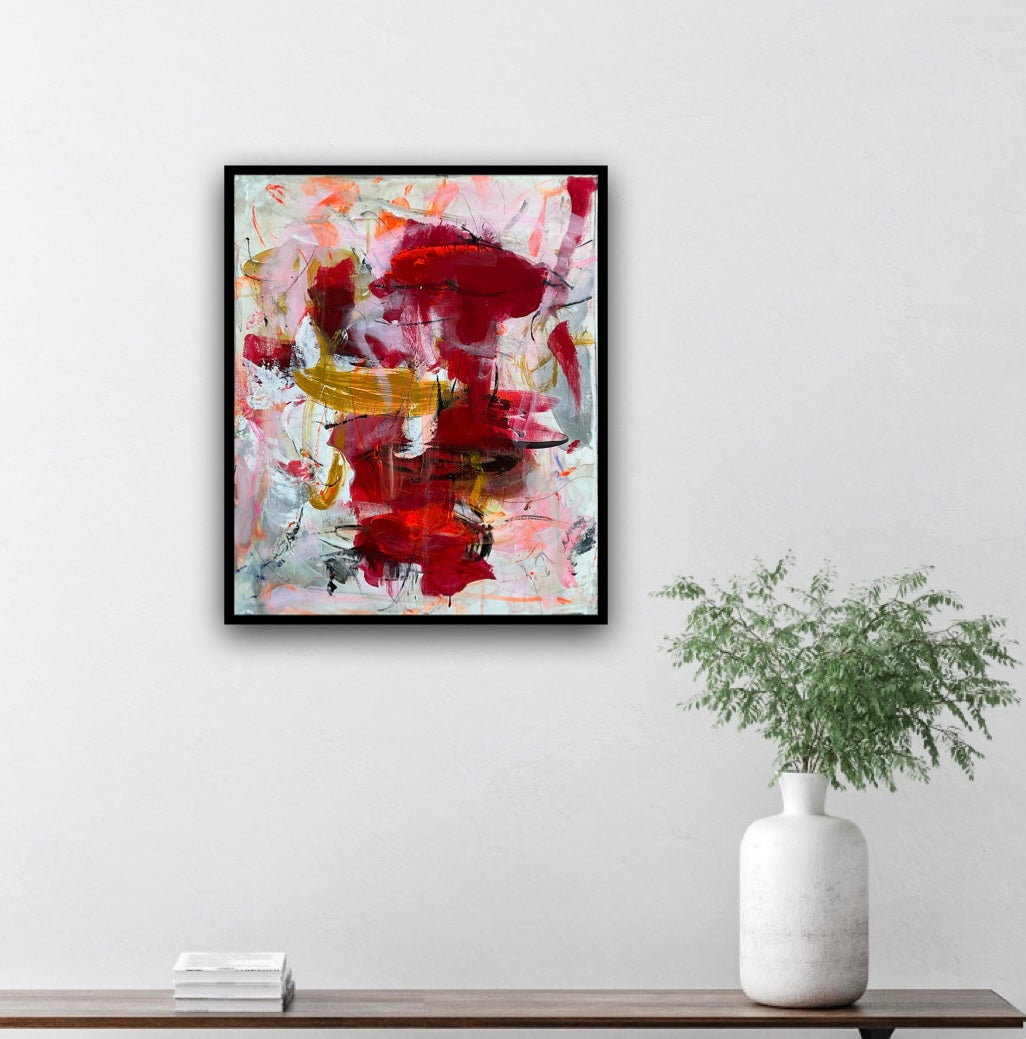 Abstrakt maleri, 60x50 cm, "Laid back” by Lone Reedtz , Abstrakt ekspressivt akrylmaleri på lærred Black Brown Grey Ochre Orange Pink Red White