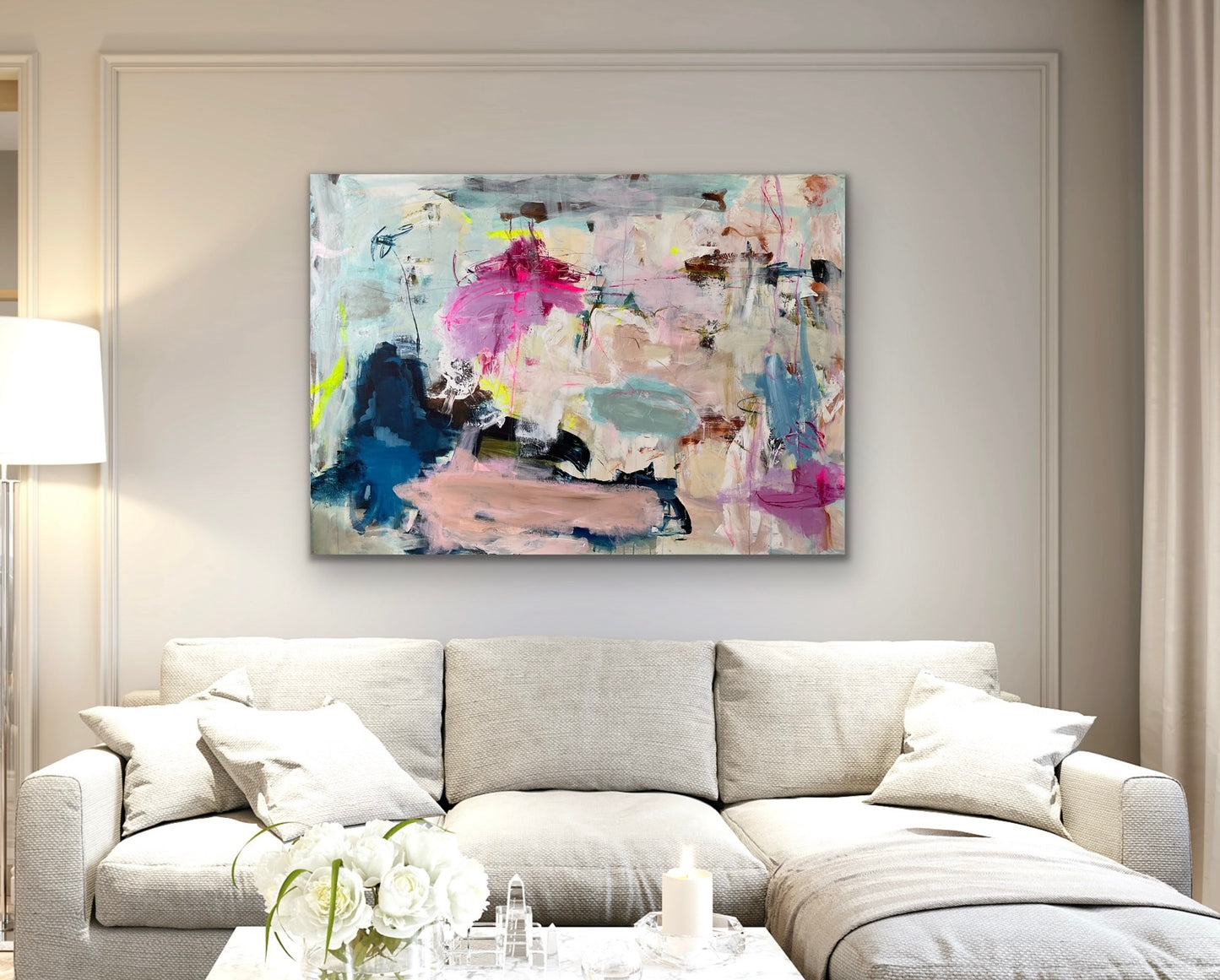 Abstrakt maleri, 100x140 cm, ”GRATEFUL” by Lone Reedtz , Abstrakt ekspressivt akrylmaleri på lærred