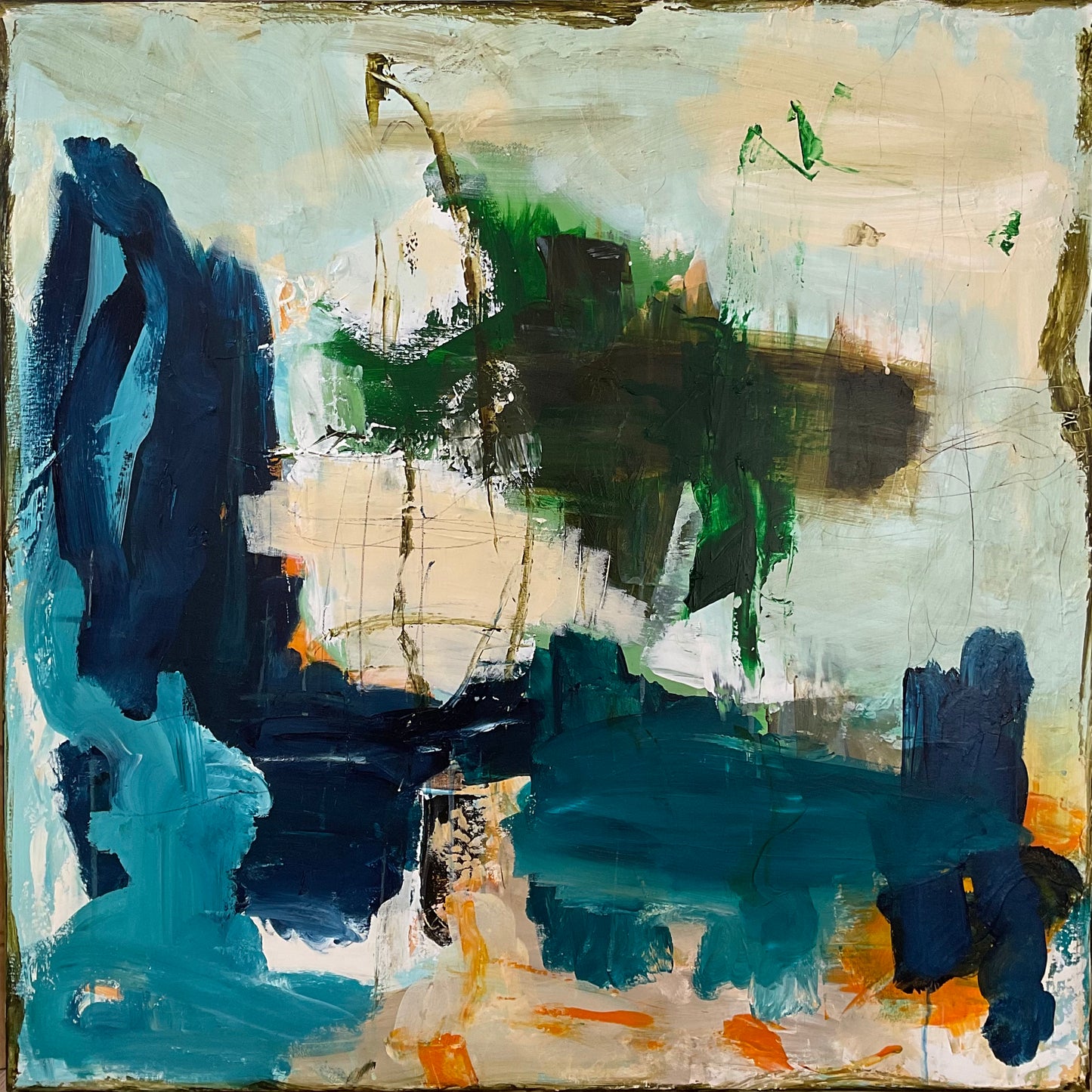 Abstrakt maleri, 80x80 cm, ”BORN IN BLUE” by Lone Reedtz , Abstrakt ekspressivt akrylmaleri på lærred Uden ramme