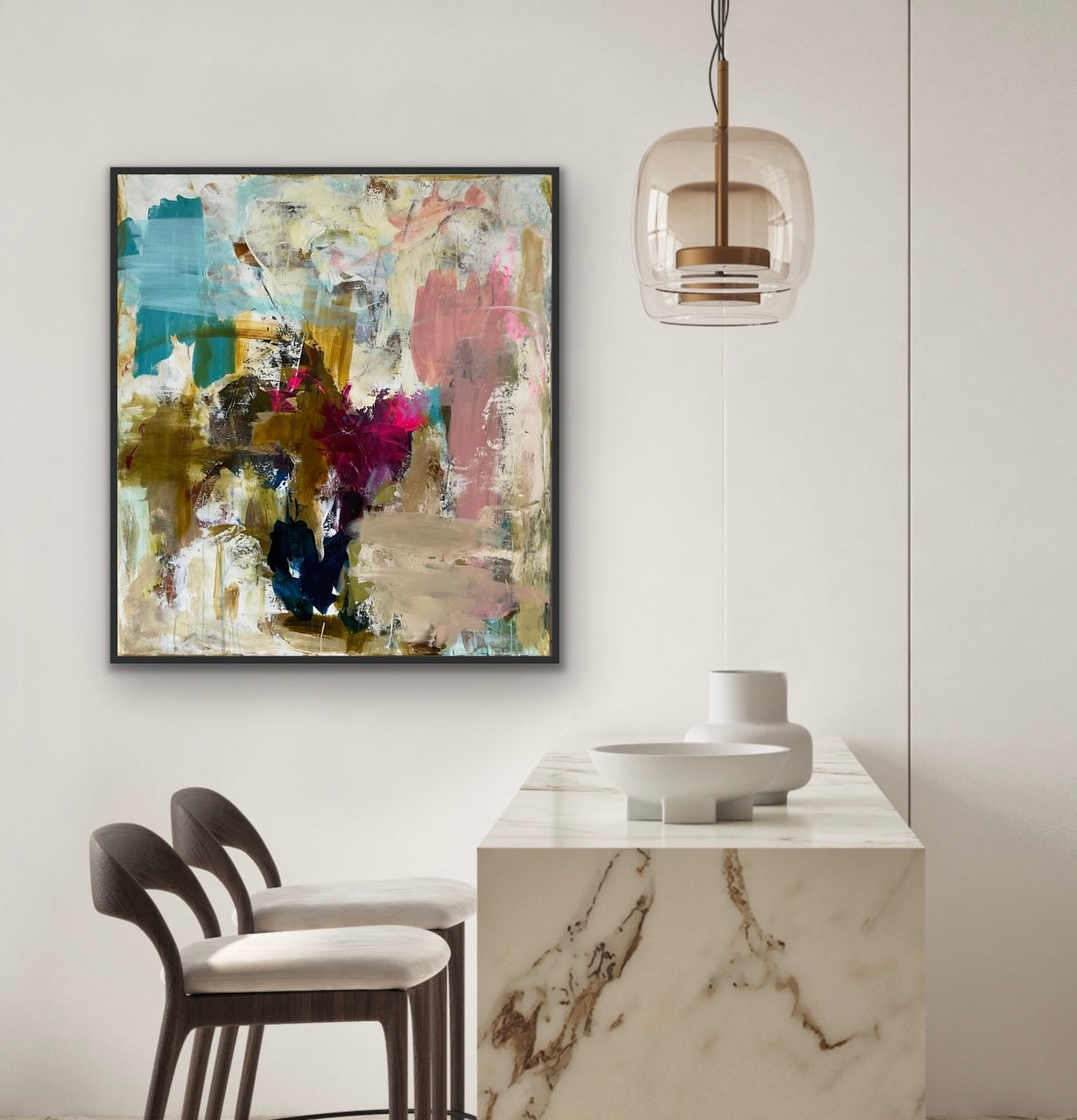 Abstrakt maleri, 100x90 cm, ”DIVE INTO COLORS” by Lone Reedtz , Abstrakt ekspressivt akrylmaleri på lærred Med sort svæveramme