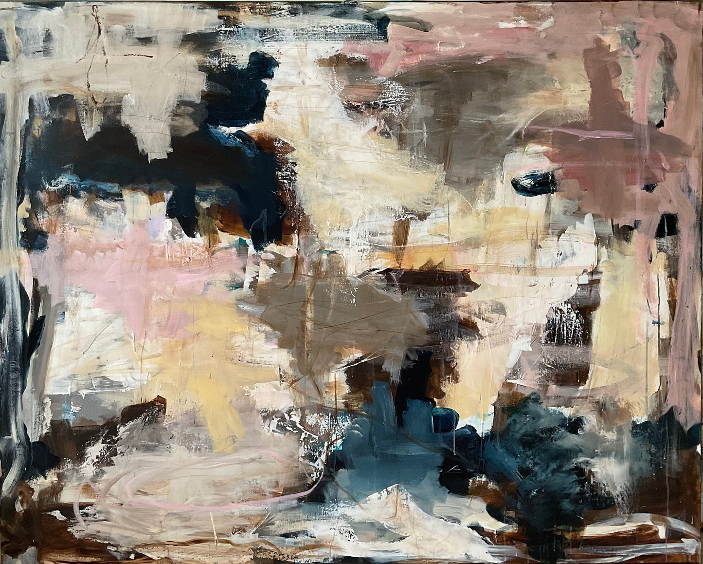 Abstrakt maleri, 120x150 cm, "REAL LOVE” by Lone Reedtz , Abstrakt ekspressivt akrylmaleri på lærred Black Blue Brown Grey Ochre Pink