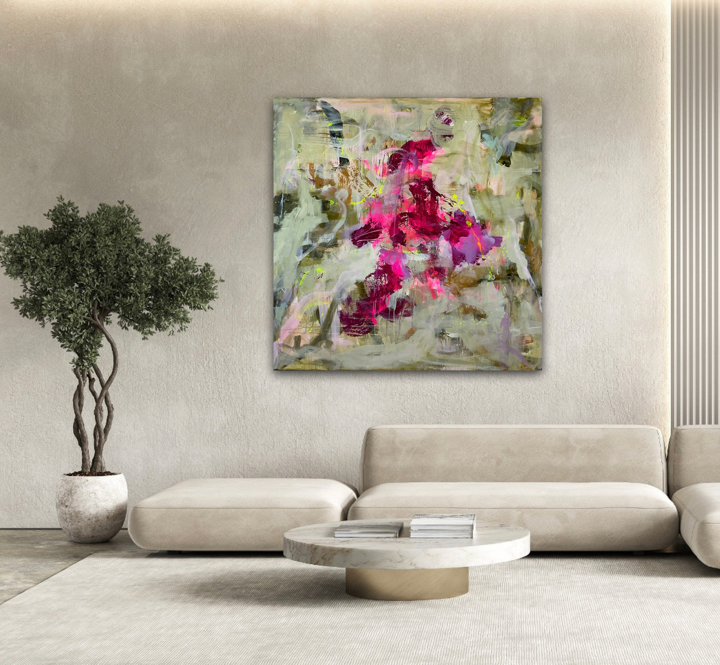 Abstrakt maleri, 120x120 cm, "MAGICAL" by Lone Reedtz , Abstrakt ekspressivt akrylmaleri på lærred Uden ramme Black Green Grey Ochre Pink Purple White Yellow