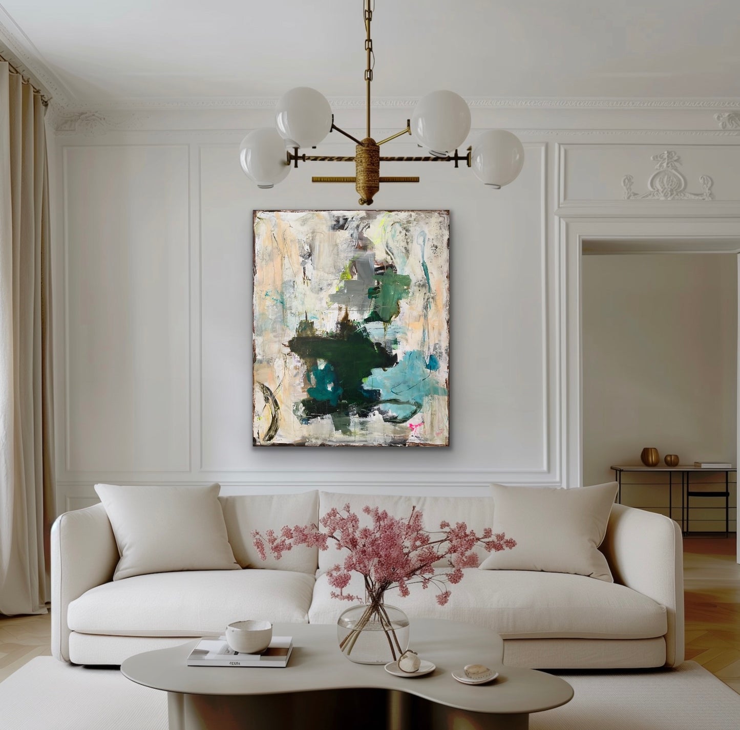 Abstrakt maleri, 120x100 cm, “STRONG” by Lone Reedtz , Abstrakt ekspressivt akrylmaleri på lærred Blue Brown Green Grey Kunstsamlingen-katalog-2025 Orange Pink White Yellow