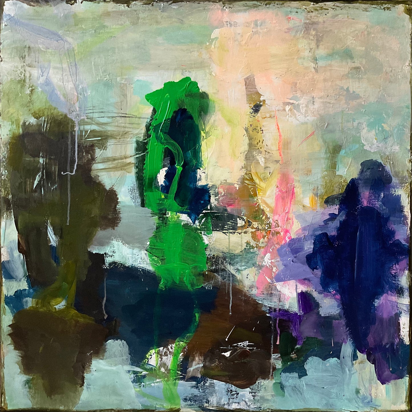 Abstrakt maleri, 80x80 cm, ”HIDDEN TREASURES” by Lone Reedtz , Abstrakt ekspressivt akrylmaleri på lærred Uden ramme
