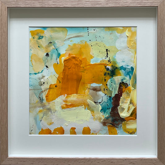 Paperwork, 40x40 cm, i boksramme af massivt egetræ by Lone Reedtz , Abstrakt ekspressivt akrylmaleri på papir i passepartout