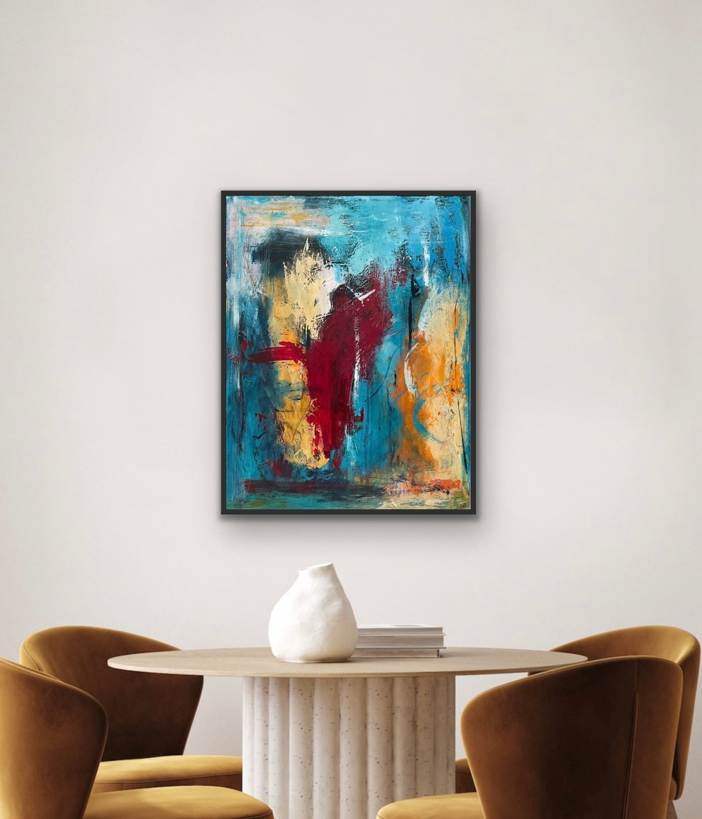 Abstrakt maleri, 90x70 cm, "DANCE WITH ME” by Lone Reedtz , Abstrakt ekspressivt akrylmaleri på lærred Med sort svæveramme
