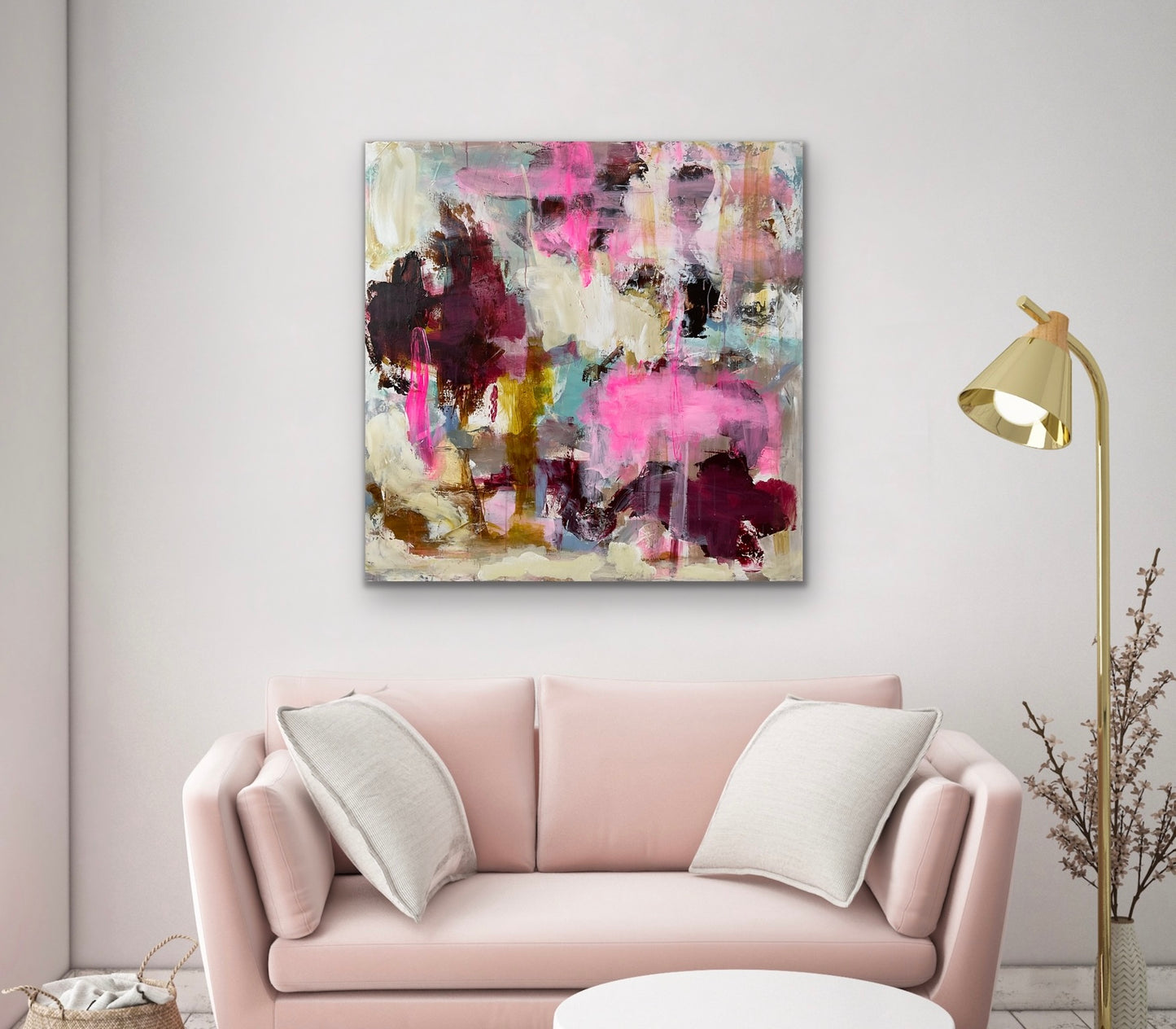 Abstrakt maleri, 100x100 cm, “LIFE” by Lone Reedtz , Abstrakt ekspressivt akrylmaleri på lærred Blue Brown Green Grey Kunstsamlingen-katalog-2025 Orange Pink White Yellow