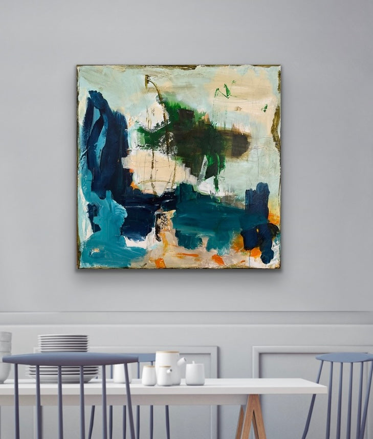 Abstrakt maleri, 80x80 cm, ”BORN IN BLUE” by Lone Reedtz , Abstrakt ekspressivt akrylmaleri på lærred