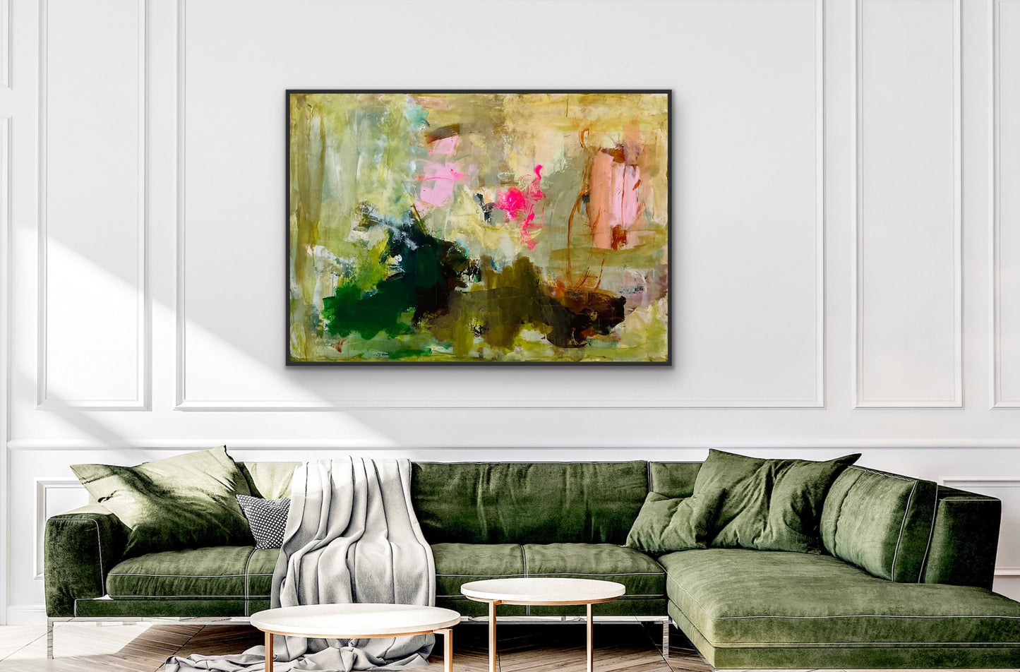 Abstrakt maleri, 100x140 cm, "A QUIET PLACE” by Lone Reedtz , Abstrakt ekspressivt akrylmaleri på lærred Med sort svæveramme