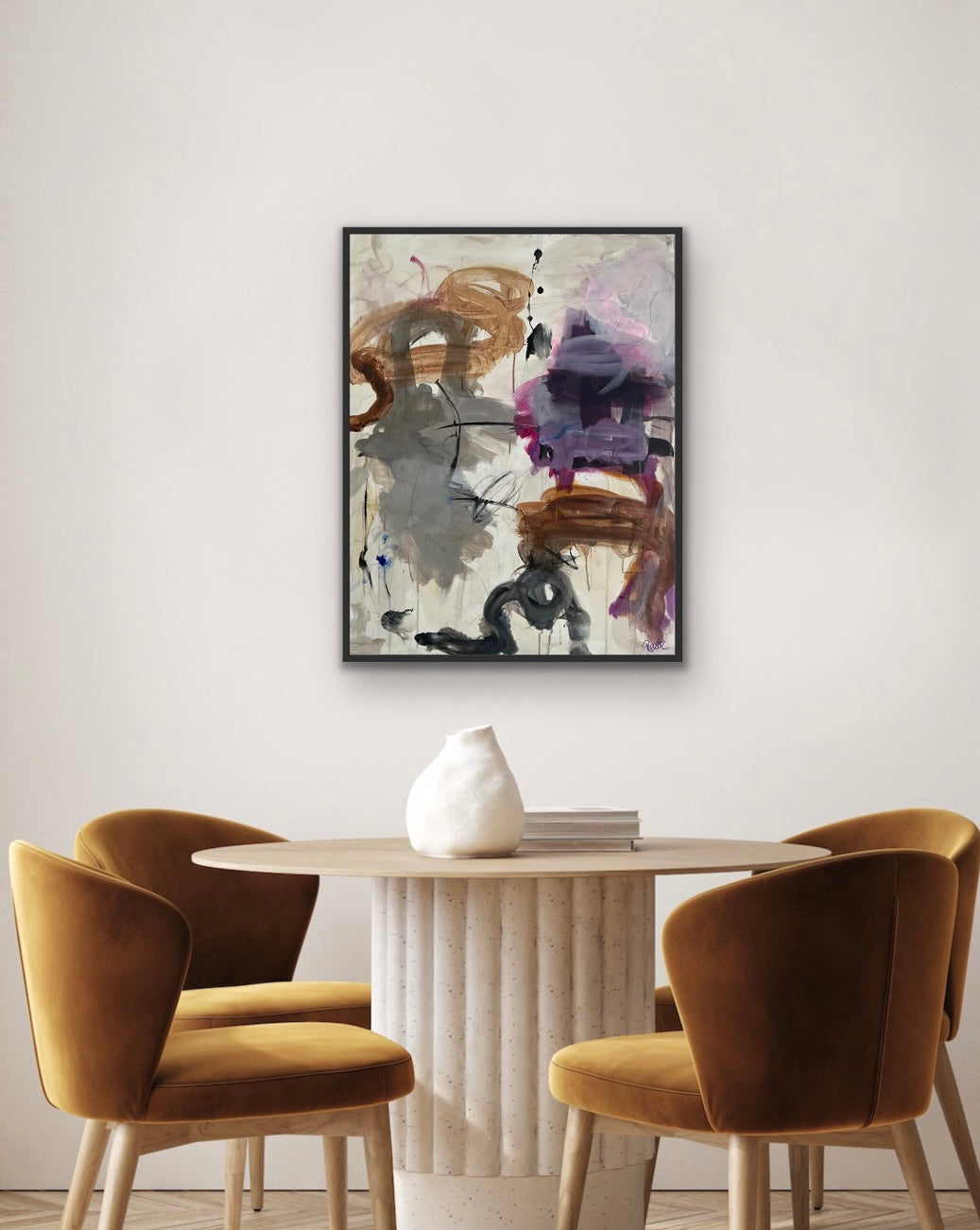 Abstrakt maleri, 90x70 cm, "PURPLE SKY” by Lone Reedtz , Abstrakt ekspressivt akrylmaleri på lærred Med sort svæveramme Black Blue Brown Childish Grey Pink Purple