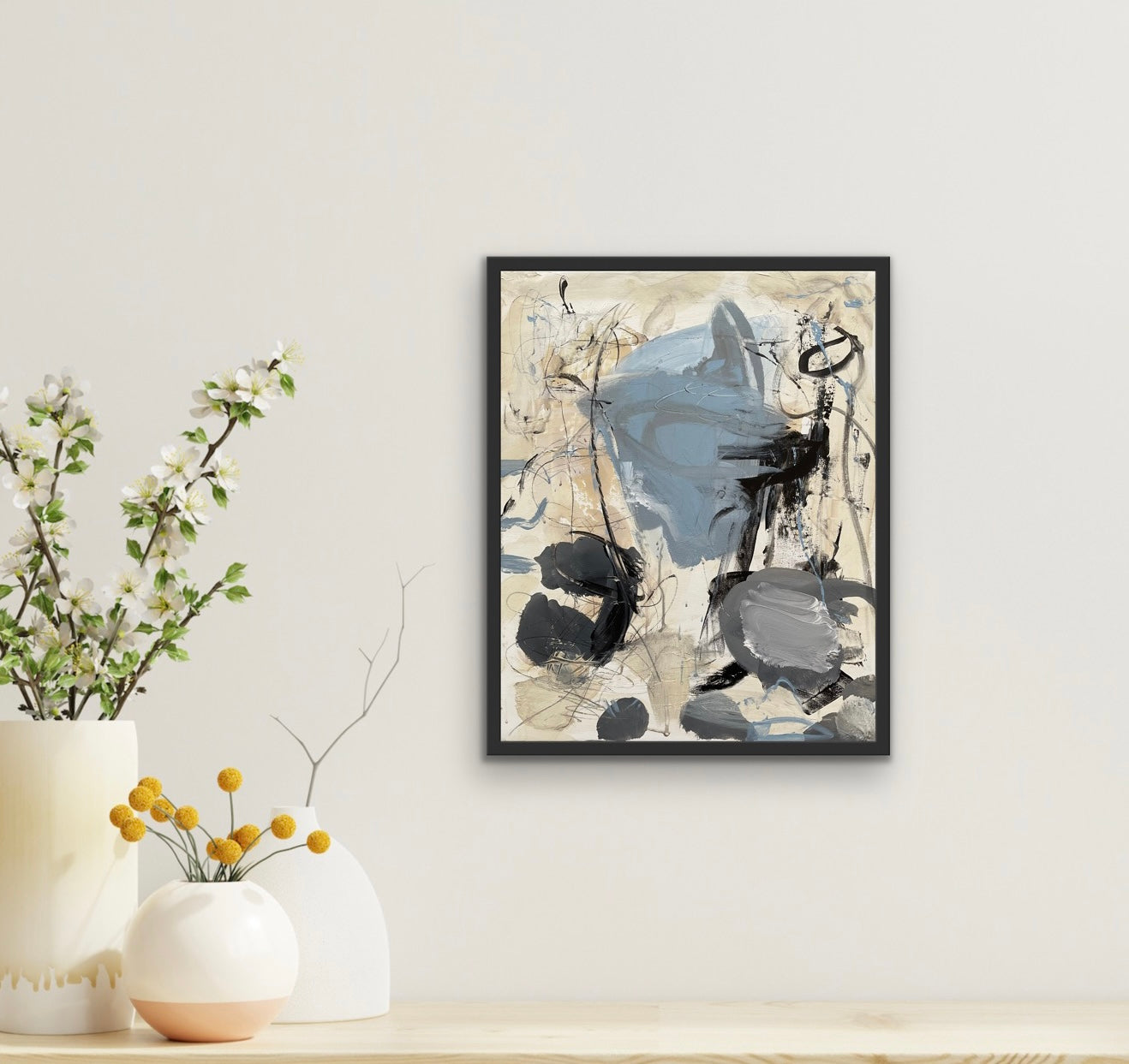 Abstrakt maleri, 40x50 cm, "Let it go" by Lone Reedtz , Abstrakt ekspressivt akrylmaleri på lærred Med sort svæveramme