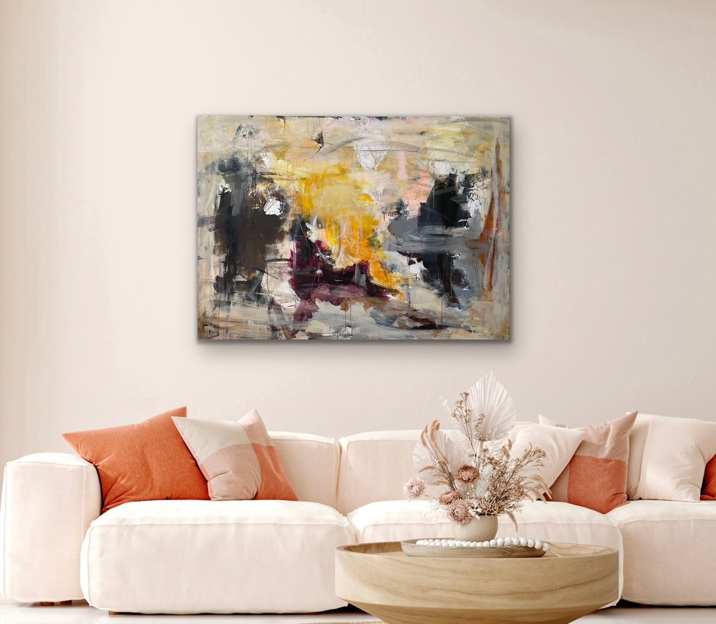 Abstrakt maleri, 100x140 cm, ”SUNRISE” by Lone Reedtz , Abstrakt ekspressivt akrylmaleri på lærred