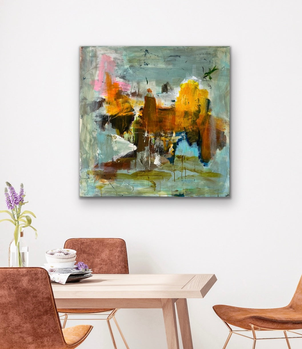 Abstrakt maleri, 80x80 cm, ”SILHOUETTE” by Lone Reedtz , Abstrakt ekspressivt akrylmaleri på lærred Uden ramme