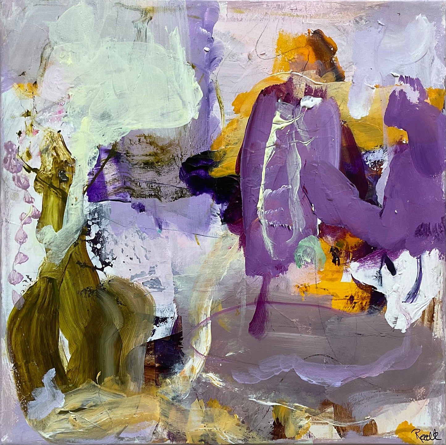 Abstrakt maleri, 40x40 cm, "THE RIGHT LINE” by Lone Reedtz , Abstrakt ekspressivt akrylmaleri på lærred Uden ramme Black Blue Brown Green Ochre Purple White