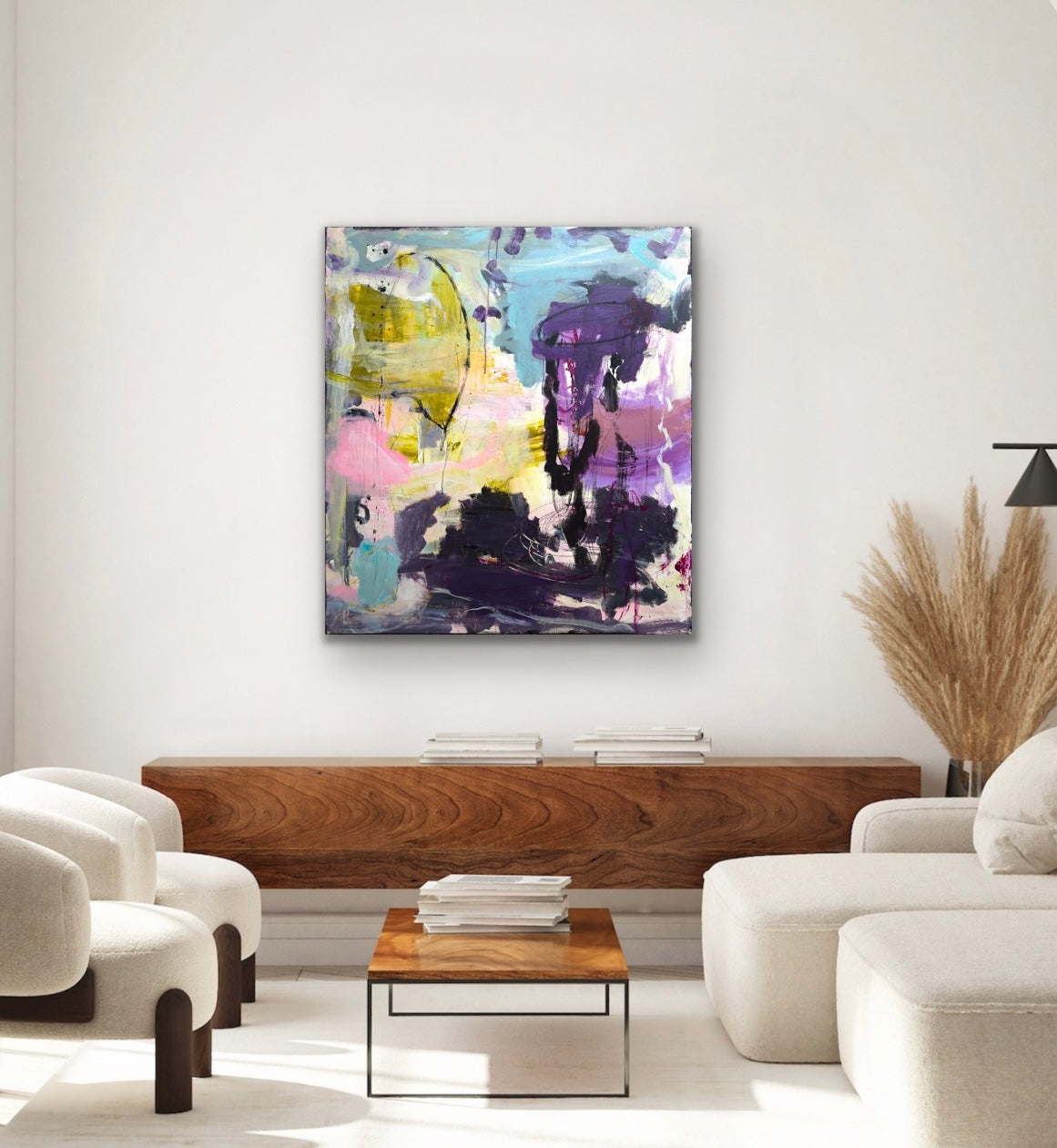 Abstrakt maleri, 100x90 cm, ”LIVE HAPPY” by Lone Reedtz , Abstrakt ekspressivt akrylmaleri på lærred