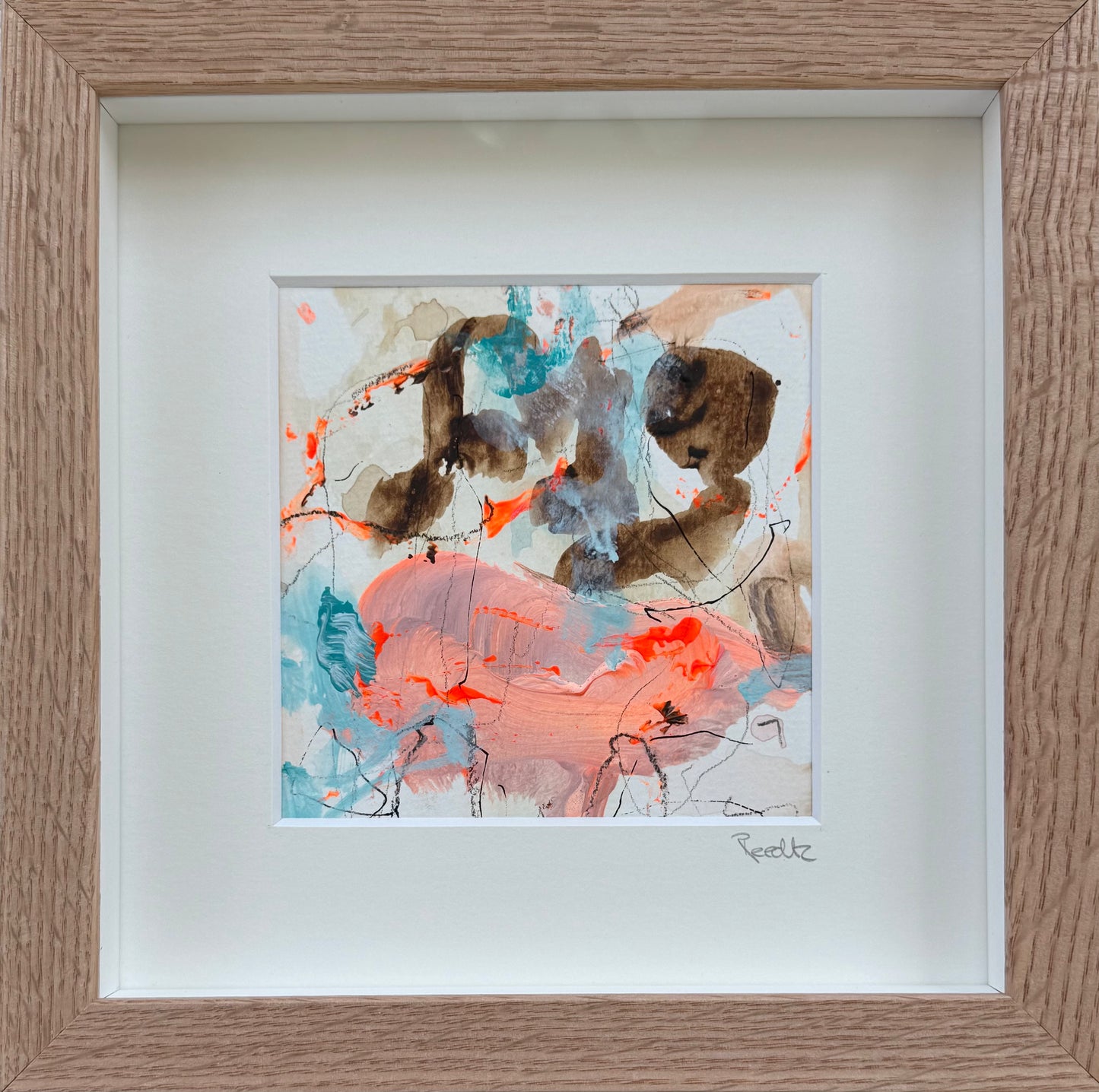 Paperwork nr. 132, 20x20 cm, i boksramme af massivt egetræ by Lone Reedtz , Abstrakt ekspressivt akrylmaleri på papir i passepartout