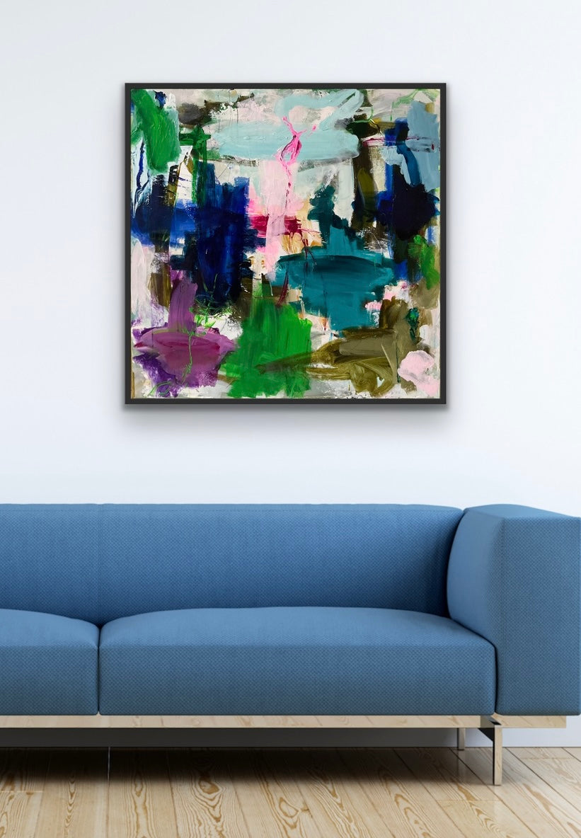 Abstrakt maleri, 80x80 cm, ”CLOSE” by Lone Reedtz , Abstrakt ekspressivt akrylmaleri på lærred Med sort svæveramme