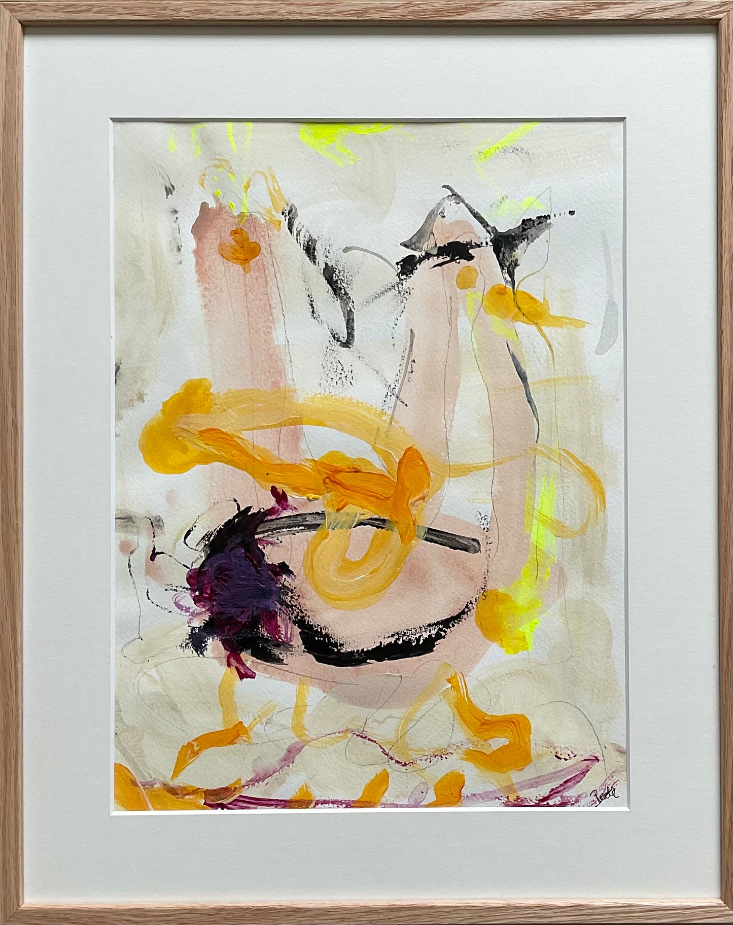 Paperwork nr. 91, 50x40 cm, med massiv egetræsramme by Lone Reedtz , Abstrakt ekspressivt akrylmaleri på papir i passepartout Childish
