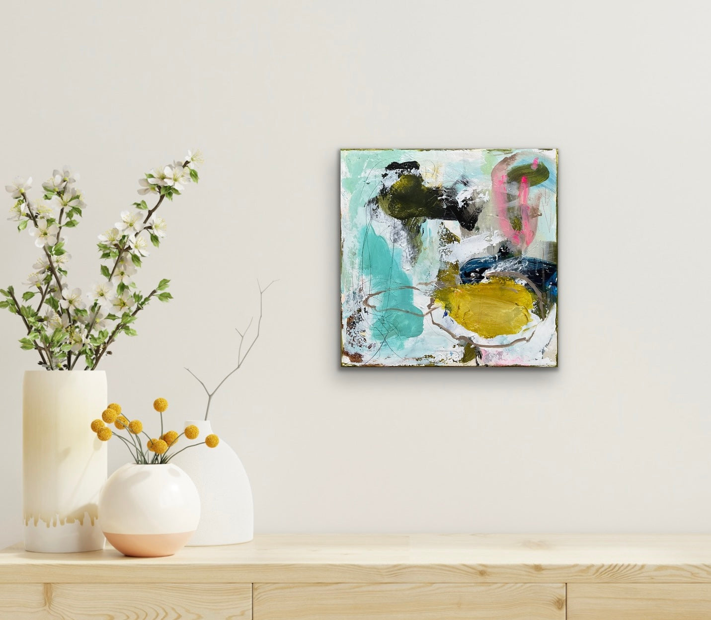 Abstrakt maleri, 40x40 cm, ”SUNSHINE” by Lone Reedtz , Abstrakt ekspressivt akrylmaleri på lærred
