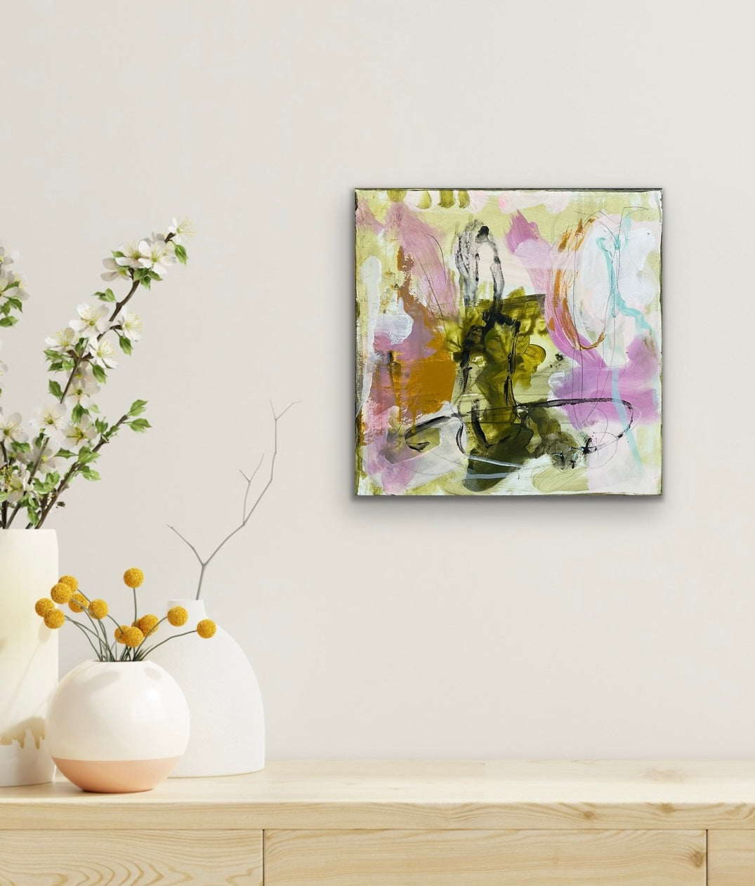 Abstrakt maleri, 40x40 cm, ”CATCH ME” by Lone Reedtz , Abstrakt ekspressivt akrylmaleri på lærred