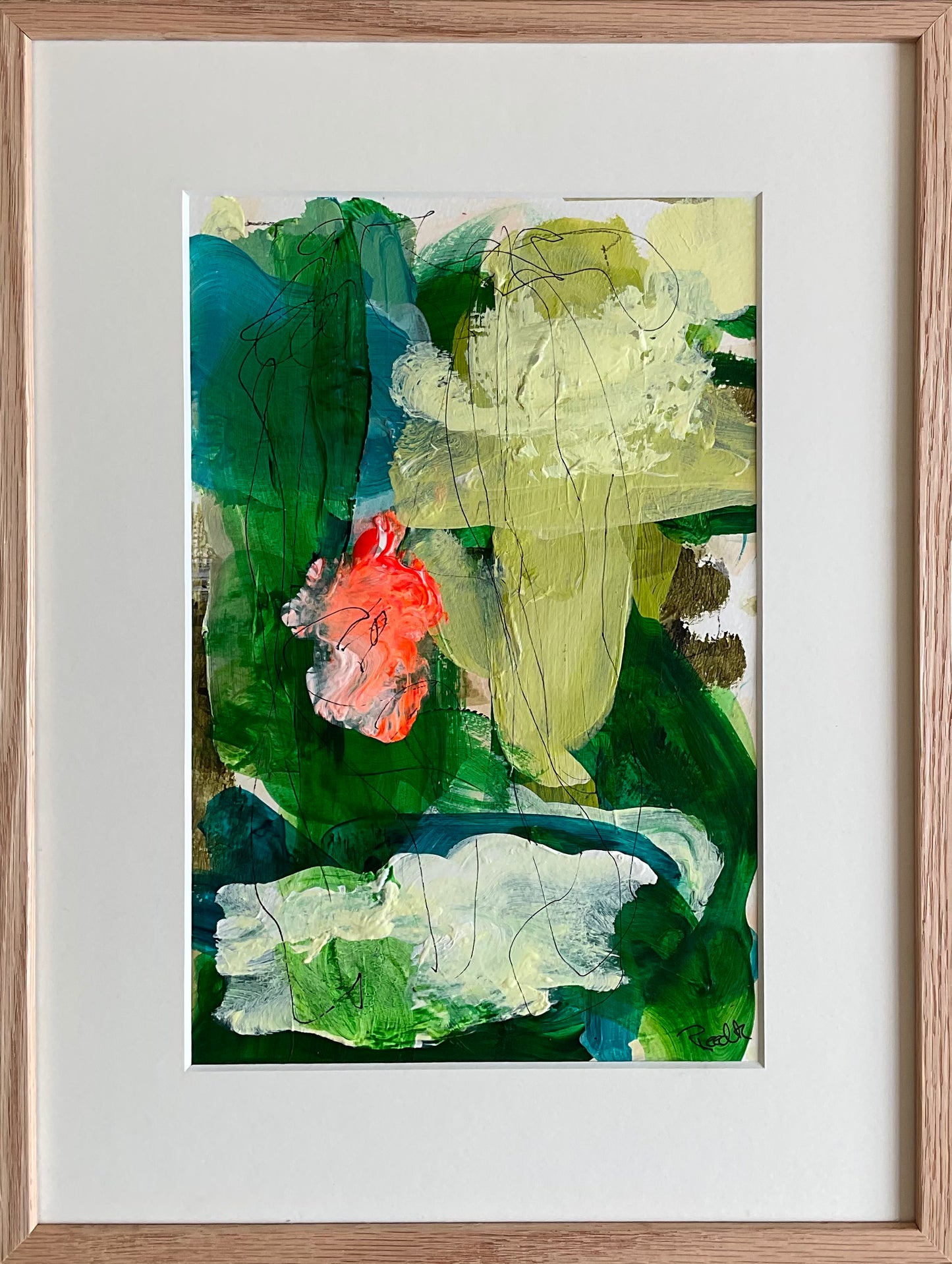 Paperwork nr. 117, 40x30 cm, i massiv egetræsramme by Lone Reedtz , Abstrakt ekspressivt akrylmaleri på papir i passepartout