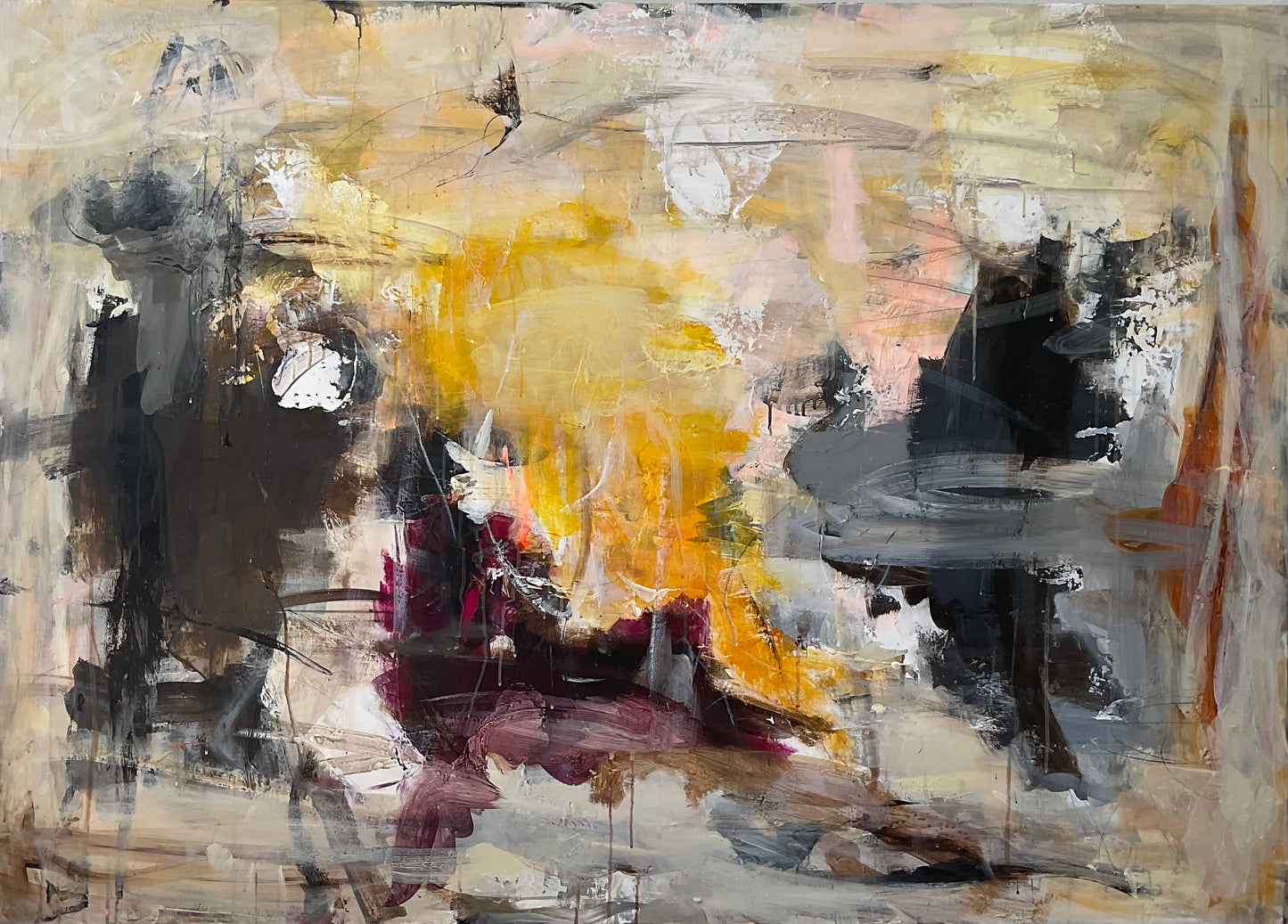 Abstrakt maleri, 100x140 cm, ”SUNRISE” by Lone Reedtz , Abstrakt ekspressivt akrylmaleri på lærred Uden ramme
