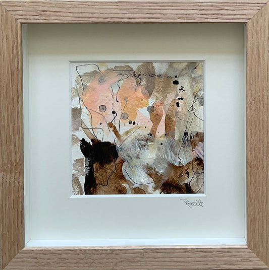 Paperwork, 20x20 cm, i boksramme af massivt egetræ by Lone Reedtz , Abstrakt ekspressivt akrylmaleri på papir i passepartout