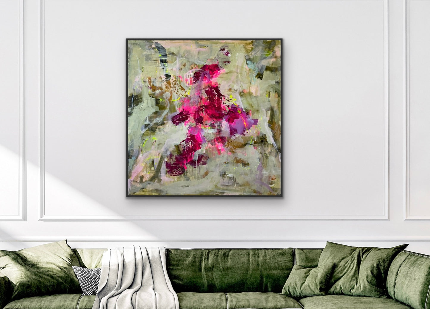 Abstrakt maleri, 120x120 cm, "MAGICAL" by Lone Reedtz , Abstrakt ekspressivt akrylmaleri på lærred Black Green Grey Ochre Pink Purple White Yellow