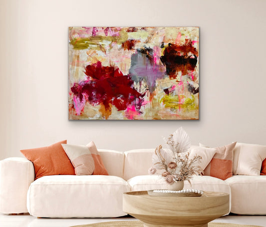 Abstrakt maleri, 100x140 cm, "STORYTELLING” by Lone Reedtz , Abstrakt ekspressivt akrylmaleri på lærred