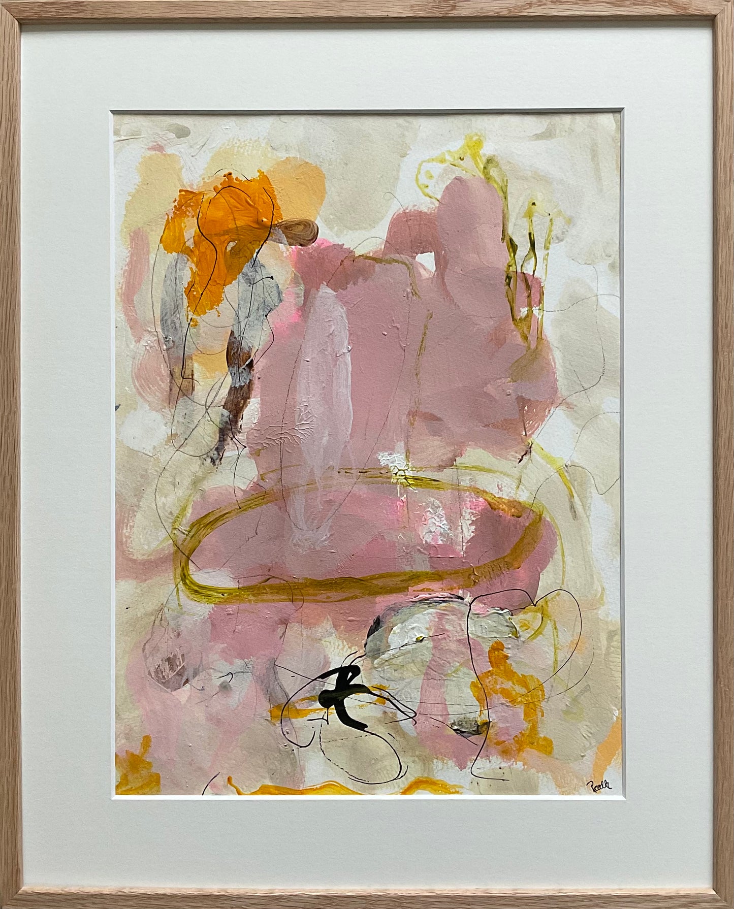 Paperwork nr. 88, 50x40 cm, med massiv egetræsramme by Lone Reedtz , Abstrakt ekspressivt akrylmaleri på papir i passepartout Childish
