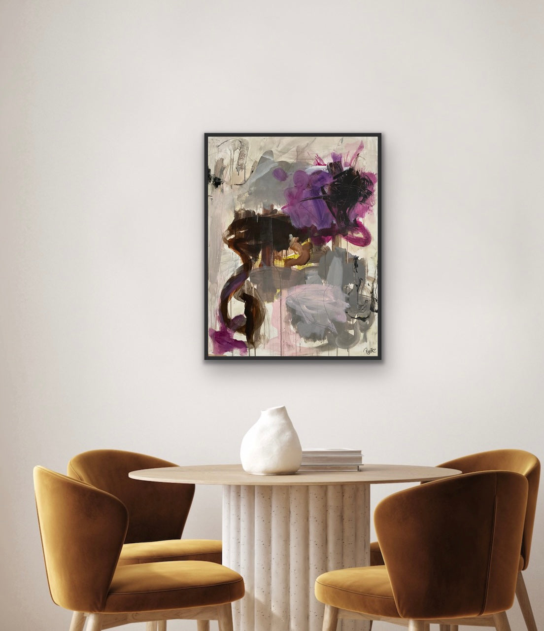 Abstrakt maleri, 90x70 cm, ”JOURNEY” by Lone Reedtz , Abstrakt ekspressivt akrylmaleri på lærred Med sort svæveramme