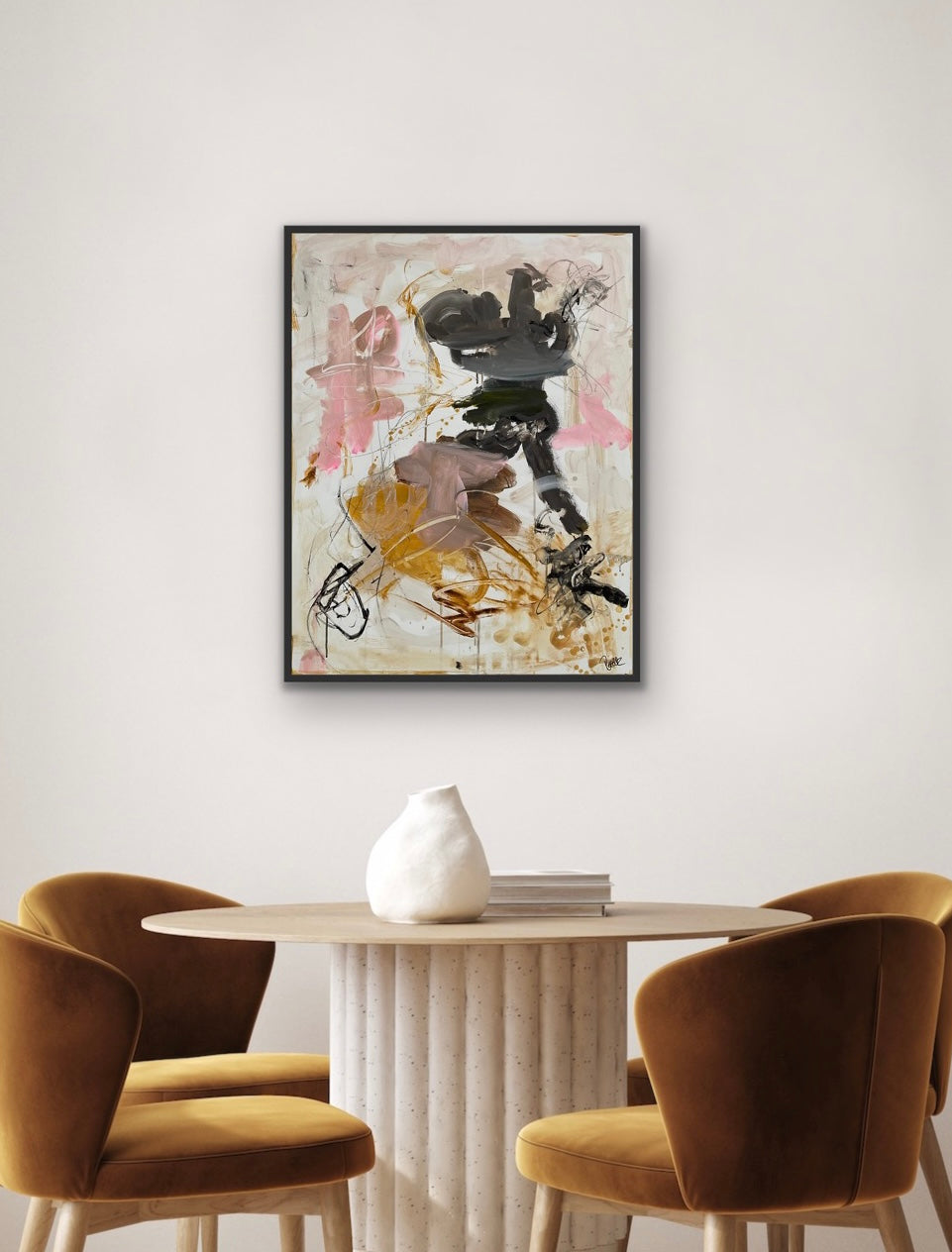 Abstrakt maleri, 90x70 cm, "Dwam" by Lone Reedtz , Abstrakt ekspressivt akrylmaleri på lærred Med sort svæveramme