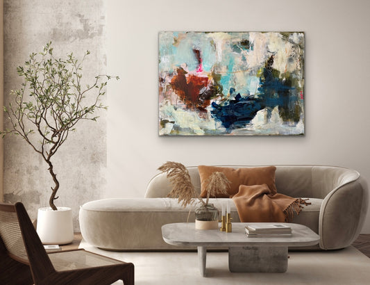 Abstrakt maleri, 100x140 cm, "LIGHTS WILL GUIDE YOU” by Lone Reedtz , Abstrakt ekspressivt akrylmaleri på lærred Uden ramme