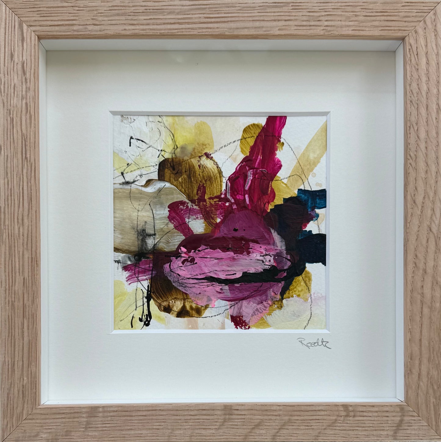 Paperwork nr. 134, 20x20 cm, i boksramme af massivt egetræ by Lone Reedtz , Abstrakt ekspressivt akrylmaleri på papir i passepartout