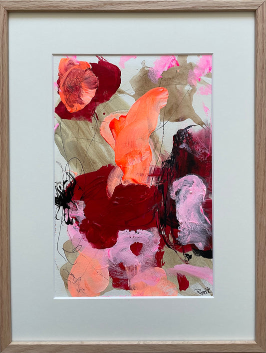 Paperwork, 40x30 cm, i massiv egetræsramme by Lone Reedtz , Abstrakt ekspressivt akrylmaleri på papir i passepartout