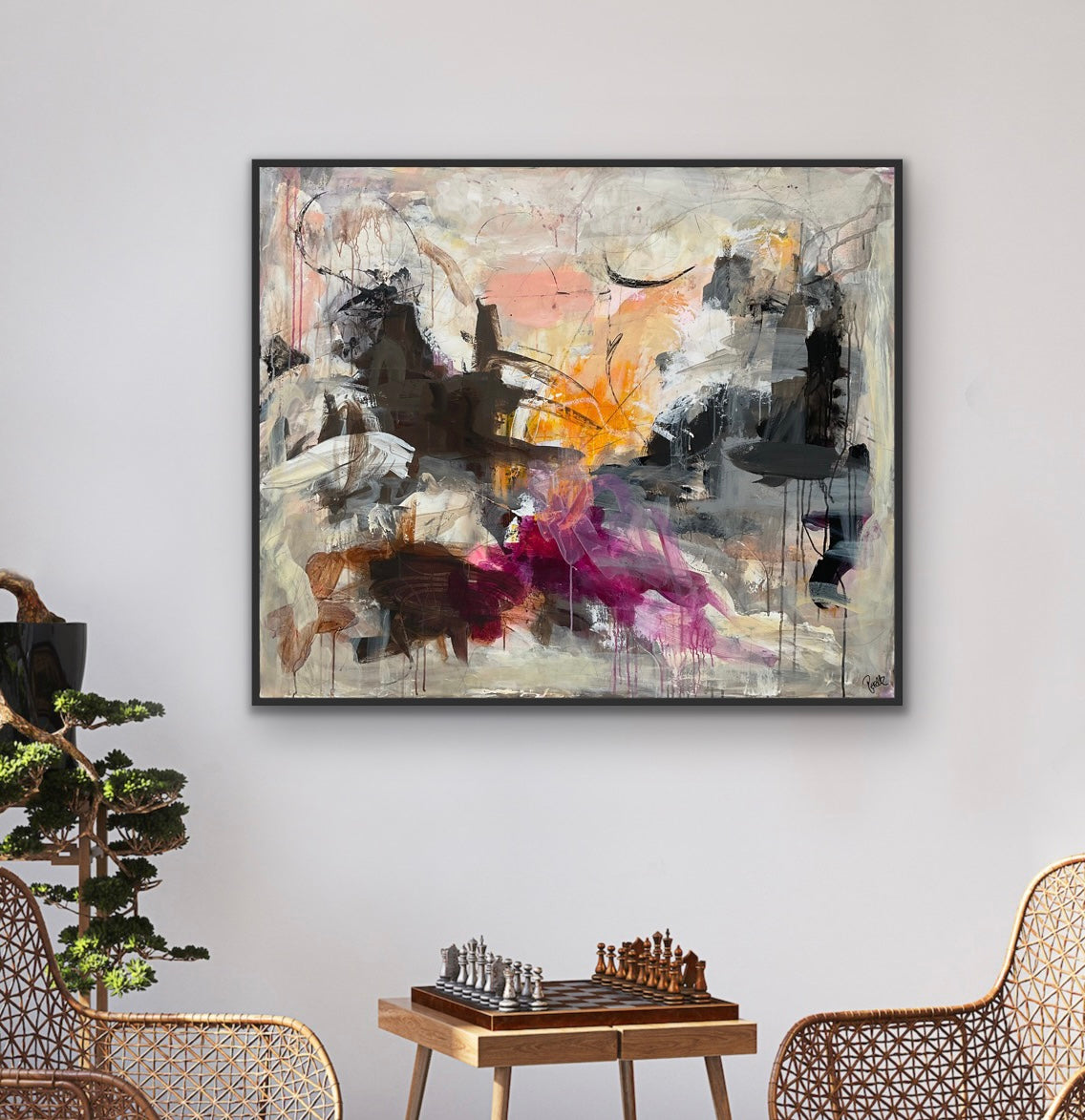 Abstrakt maleri, 100x120 cm, “SECRET GARDEN” by Lone Reedtz , Abstrakt ekspressivt akrylmaleri på lærred Med sort svæveramme