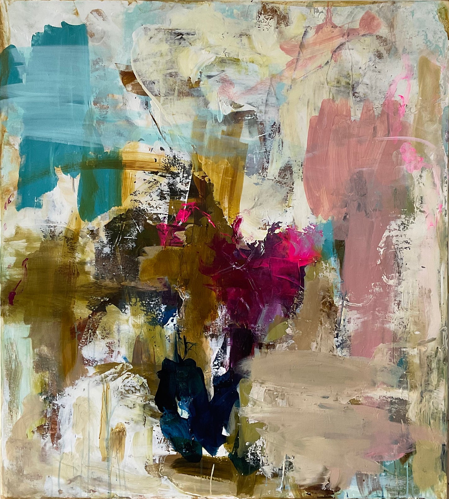 Abstrakt maleri, 100x90 cm, ”DIVE INTO COLORS” by Lone Reedtz , Abstrakt ekspressivt akrylmaleri på lærred Uden ramme