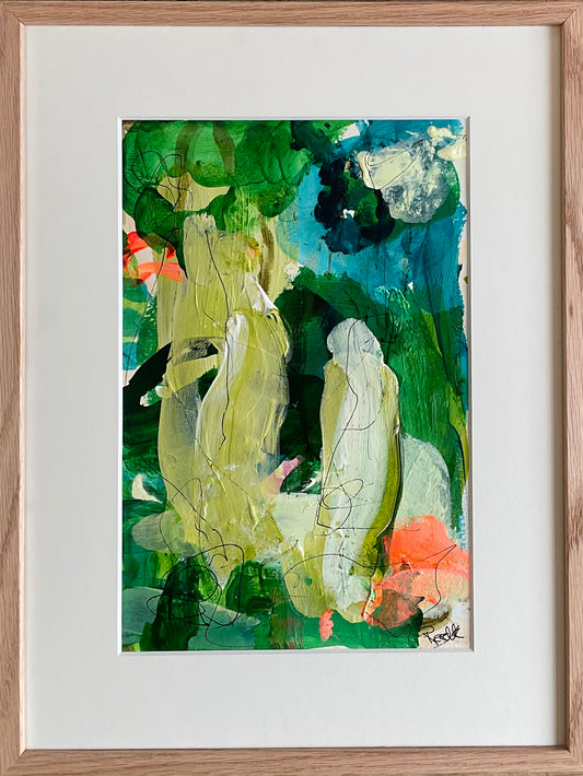 Paperwork nr. 118, 40x30 cm, i massiv egetræsramme by Lone Reedtz , Abstrakt ekspressivt akrylmaleri på papir i passepartout