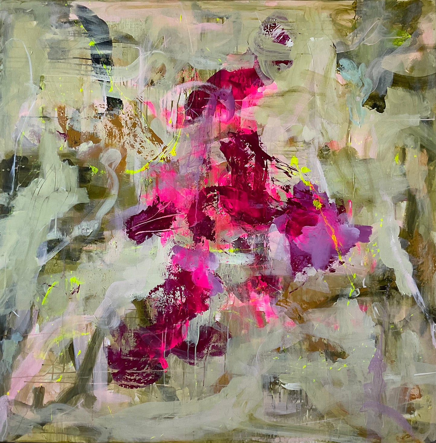 Abstrakt maleri, 120x120 cm, "MAGICAL" by Lone Reedtz , Abstrakt ekspressivt akrylmaleri på lærred Black Green Grey Ochre Pink Purple White Yellow