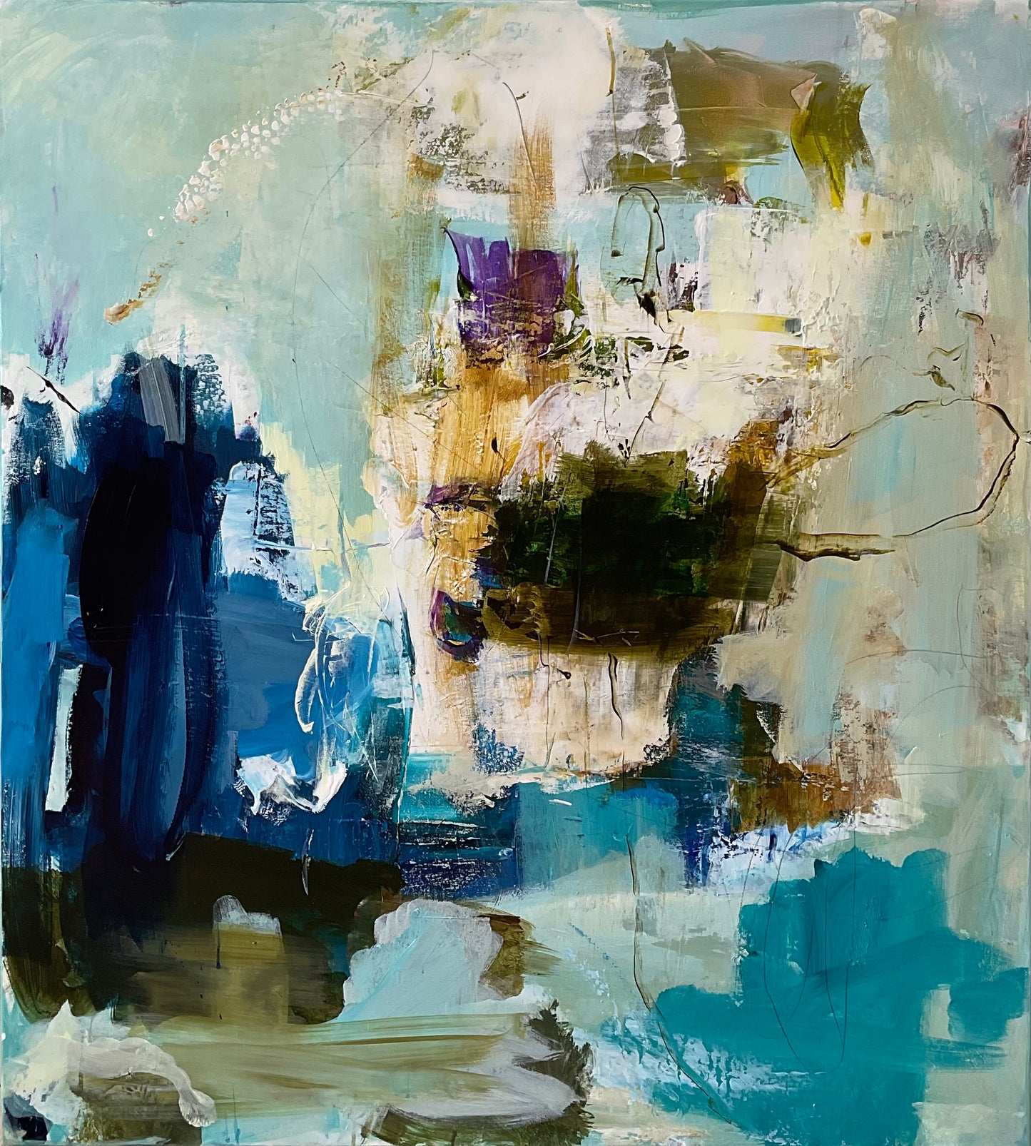Abstrakt maleri, 100x90 cm, ”REMEMBER THE DAY” by Lone Reedtz , Abstrakt ekspressivt akrylmaleri på lærred Uden ramme