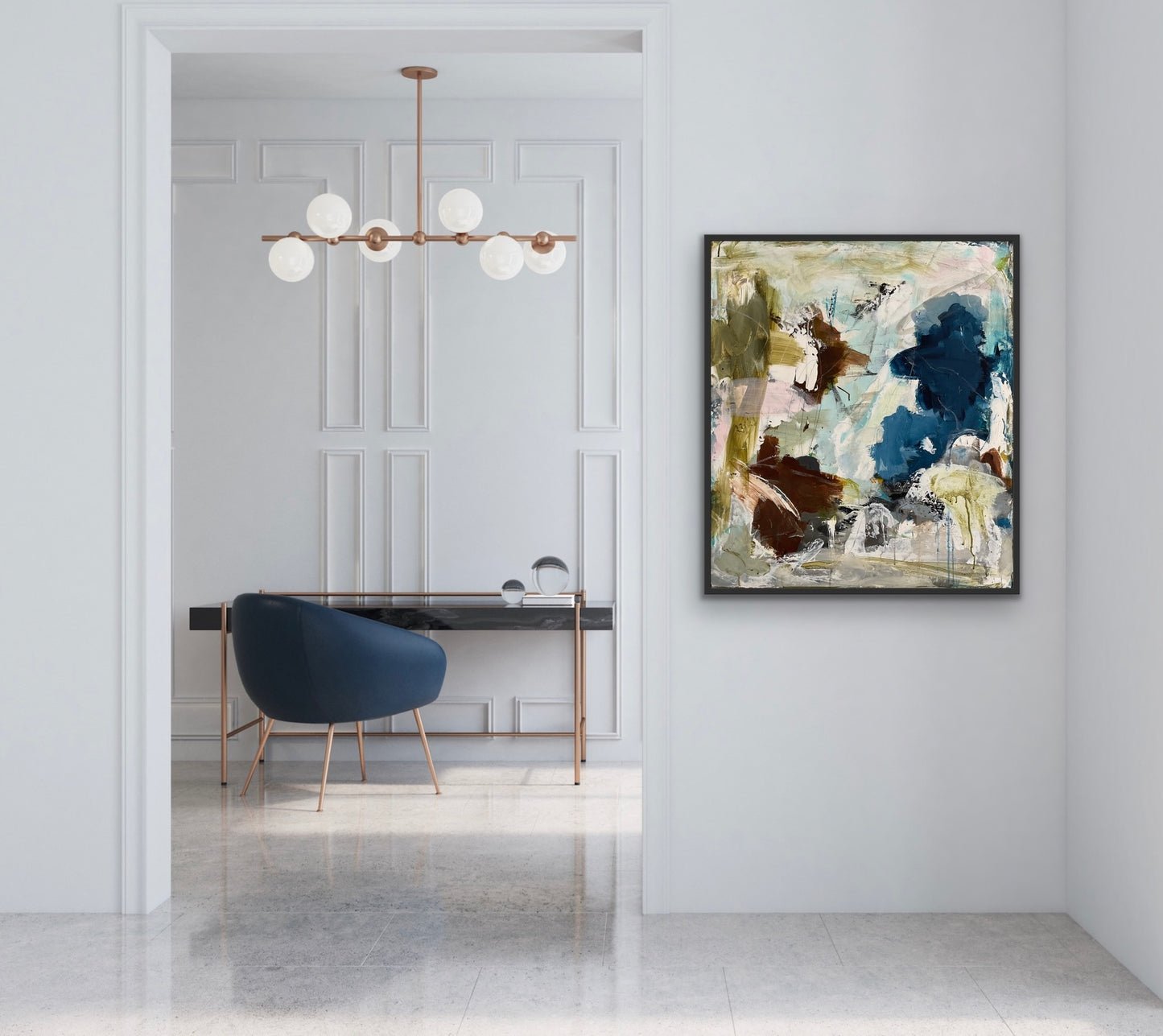 Abstrakt maleri, 70x80 cm, "Beyond the tunnel" by Lone Reedtz , Abstrakt ekspressivt akrylmaleri på lærred Med sort svæveramme