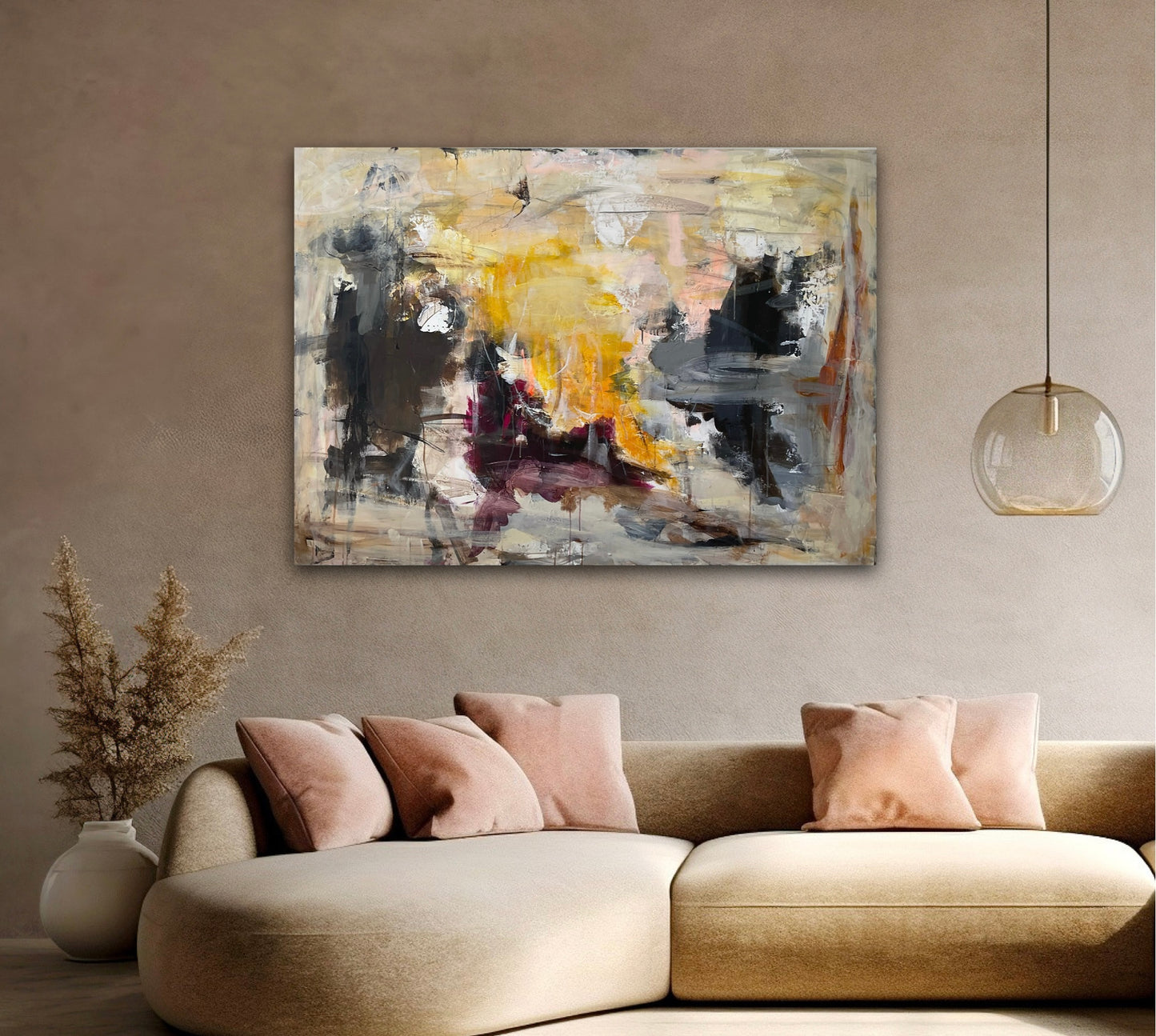 Abstrakt maleri, 100x140 cm, ”SUNRISE” by Lone Reedtz , Abstrakt ekspressivt akrylmaleri på lærred