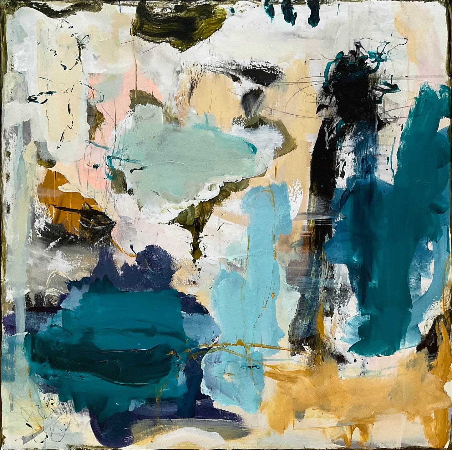 Abstrakt maleri, 80x80 cm, ”FLOW” by Lone Reedtz , Abstrakt ekspressivt akrylmaleri på lærred Uden ramme Kunstsamlingen-katalog-2025