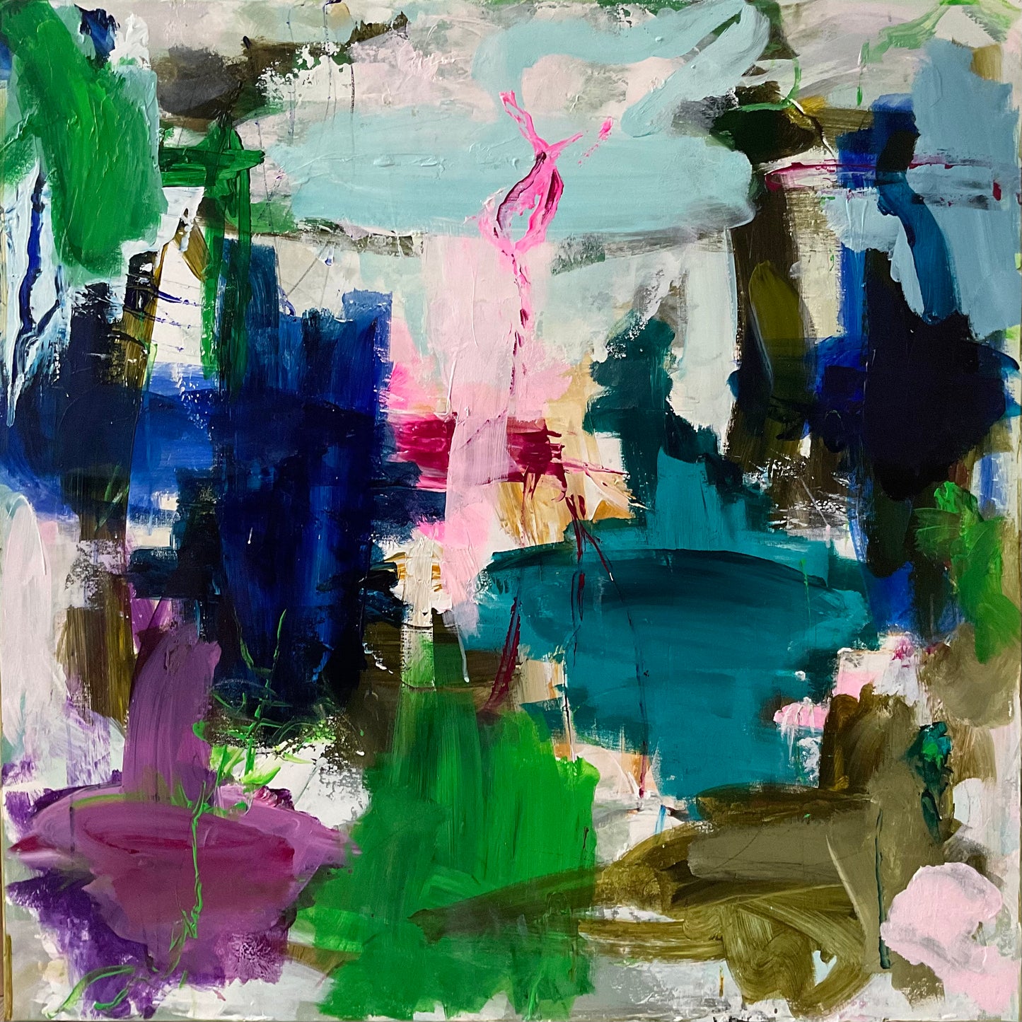 Abstrakt maleri, 80x80 cm, ”CLOSE” by Lone Reedtz , Abstrakt ekspressivt akrylmaleri på lærred Uden ramme