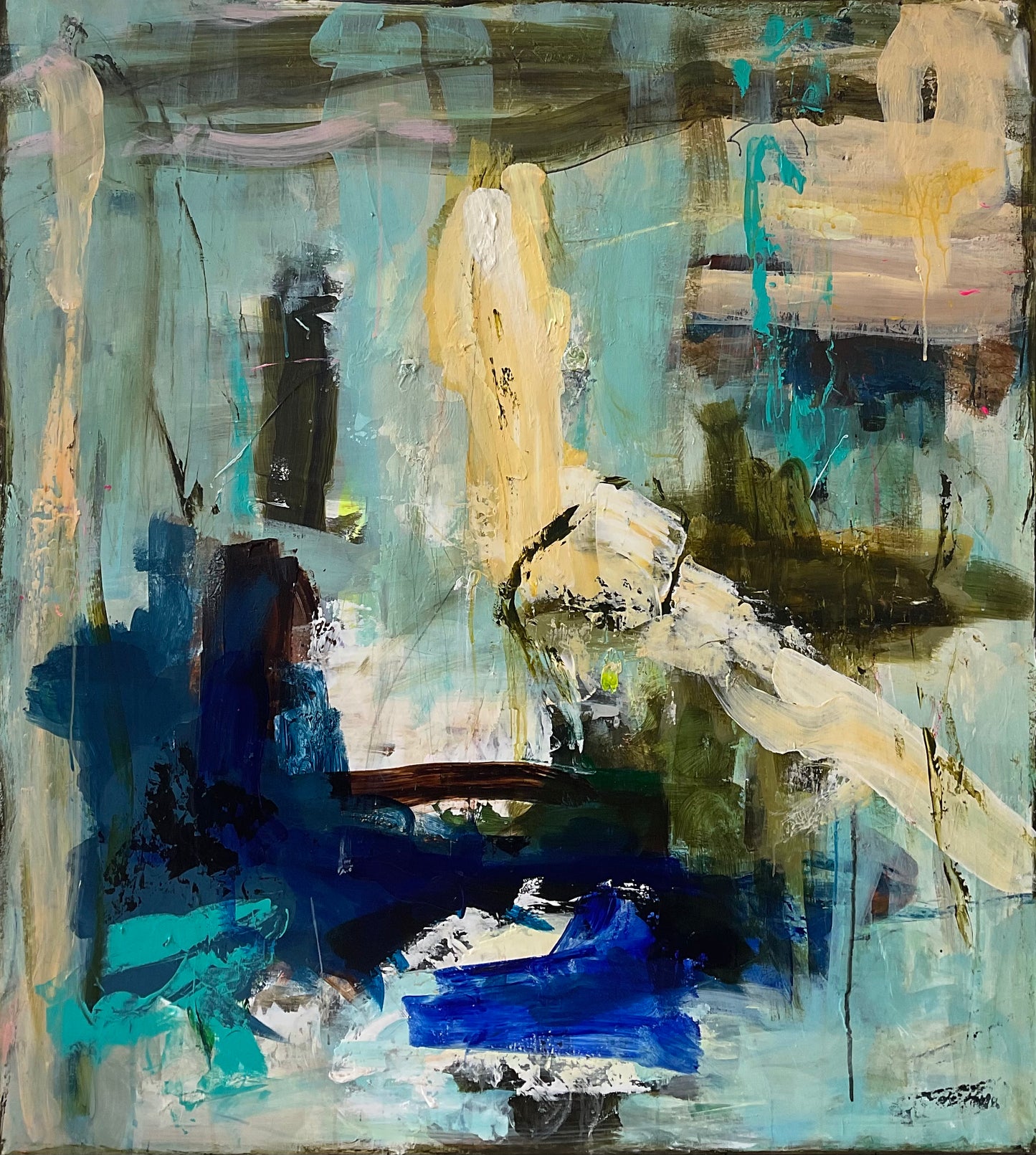 Abstrakt maleri, 100x90 cm, ”SILENT ECHOES” by Lone Reedtz , Abstrakt ekspressivt akrylmaleri på lærred