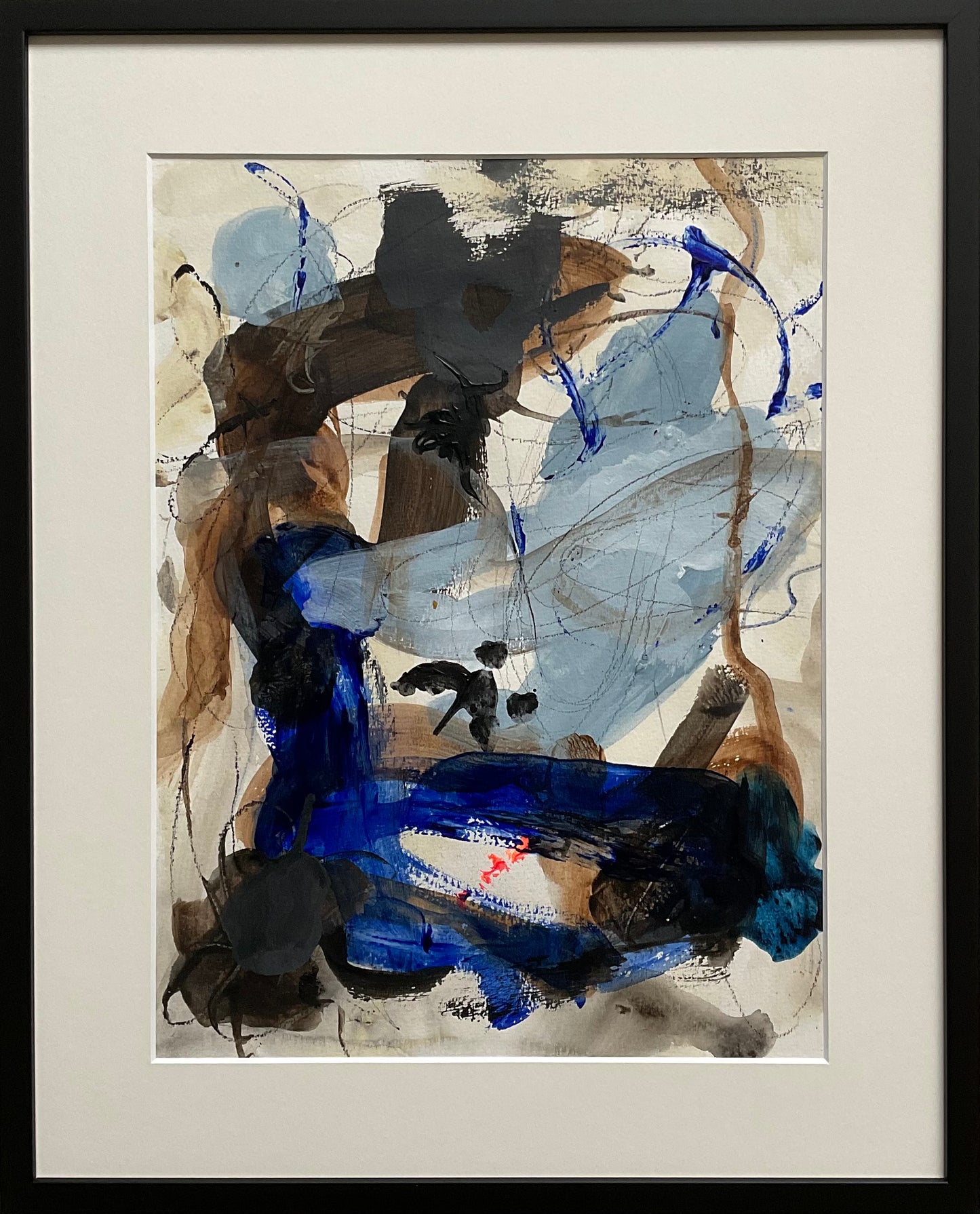 Paperwork nr. 71, 40x50 cm med sort træramme by Lone Reedtz , Abstrakt ekspressivt akrylmaleri på papir i passepartout Black Blue Brown Grey White