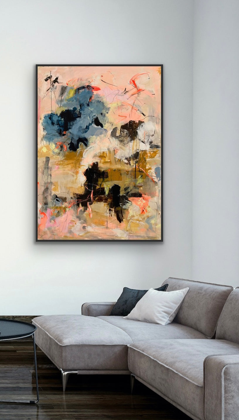 Abstrakt maleri, 140x100 cm, "Lights" by Lone Reedtz , Abstrakt ekspressivt akrylmaleri på lærred Med sort svæveramme