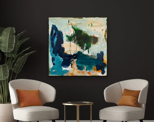 Abstrakt maleri, 80x80 cm, ”BORN IN BLUE” by Lone Reedtz , Abstrakt ekspressivt akrylmaleri på lærred